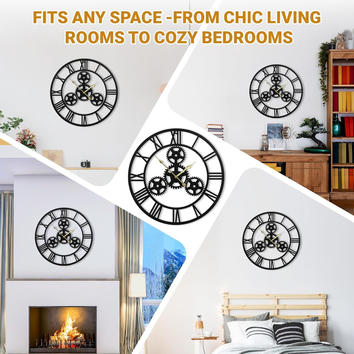 20inchesWall Clocks for Living Room Deco Metal Non Ticking Silent Battery Operated Roman Numeral Oversized Gear Wall Clocks for Bedroom Kitchen Fireplace Office Farmhouse