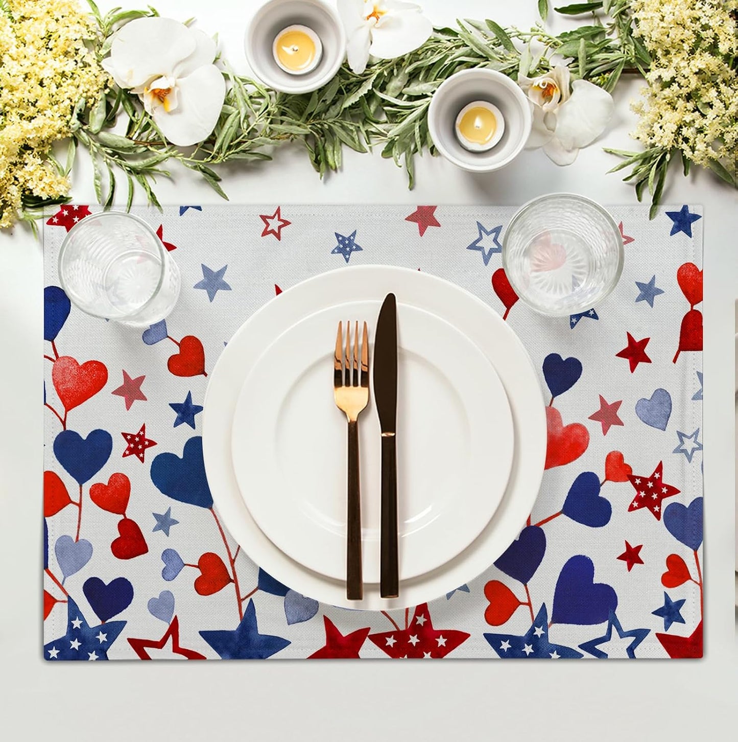 Red Blue Heart Stars 4th of July Placemats Set of 4 Patriotic America Independence Memorial Day Linen Table Mats 12x18 Inch Washable Place Mats for Party Kitchen Dining Outdoor Indoor Decor