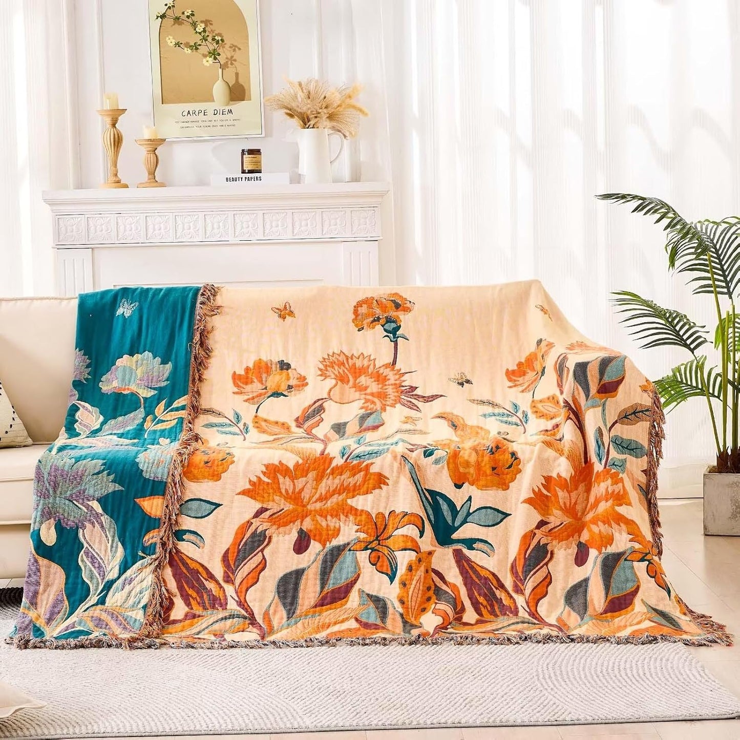 Boho Throw Blanket for Bed, 100% Cotton Soft Rustic Quilt Fall Blanket, 80" 90" Floral Printed Farmhouse Decor Bed Blankets, All Season Rustic Reversible Bohemian Throw Quilt