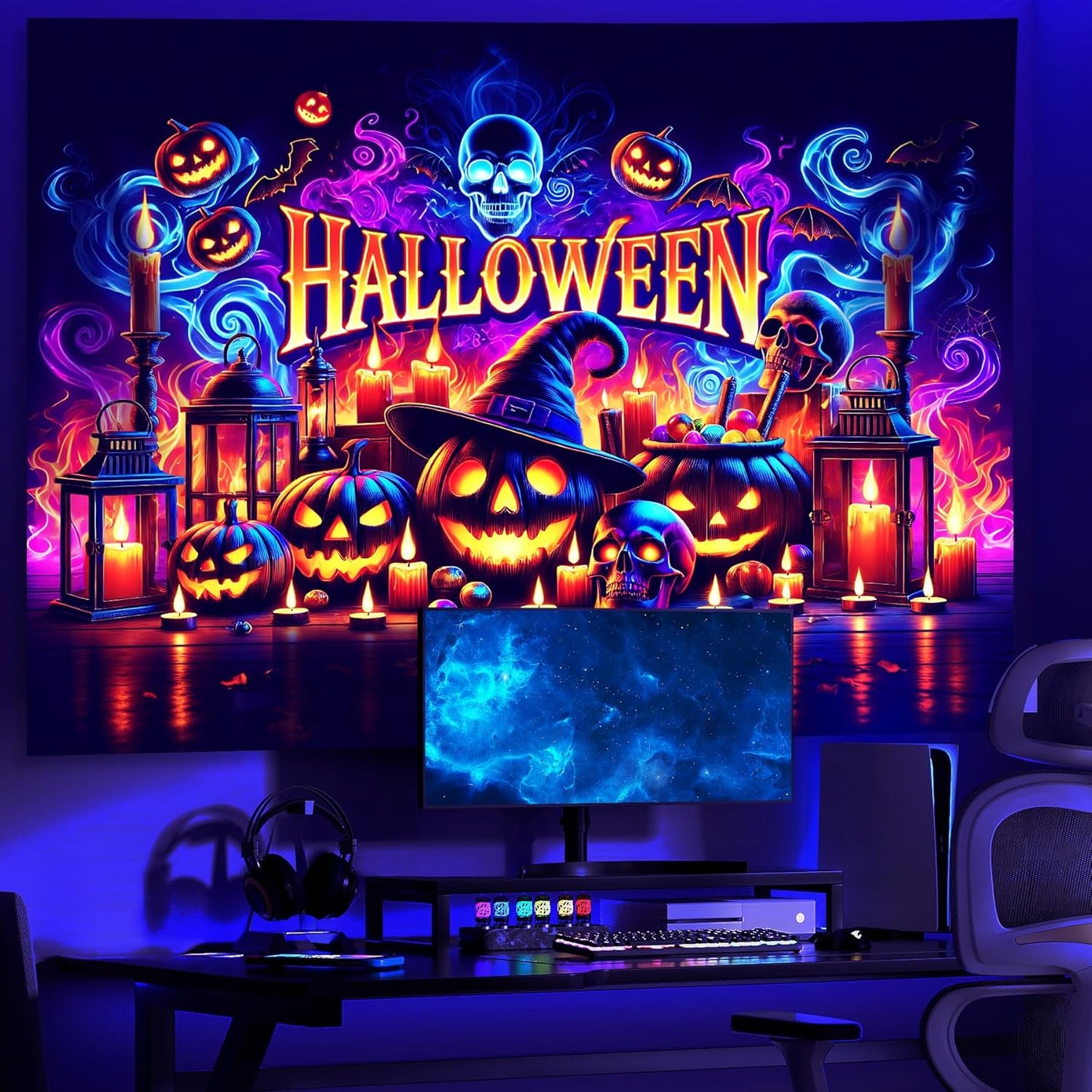 AOHMPT Glow-in-the-Dark Halloween Tapestry - UV Reactive Black Light Wall Hanging Decor for Spooky Parties, Bedroom, Living Room (Pumpkin, 79L x 59W, Unframed)