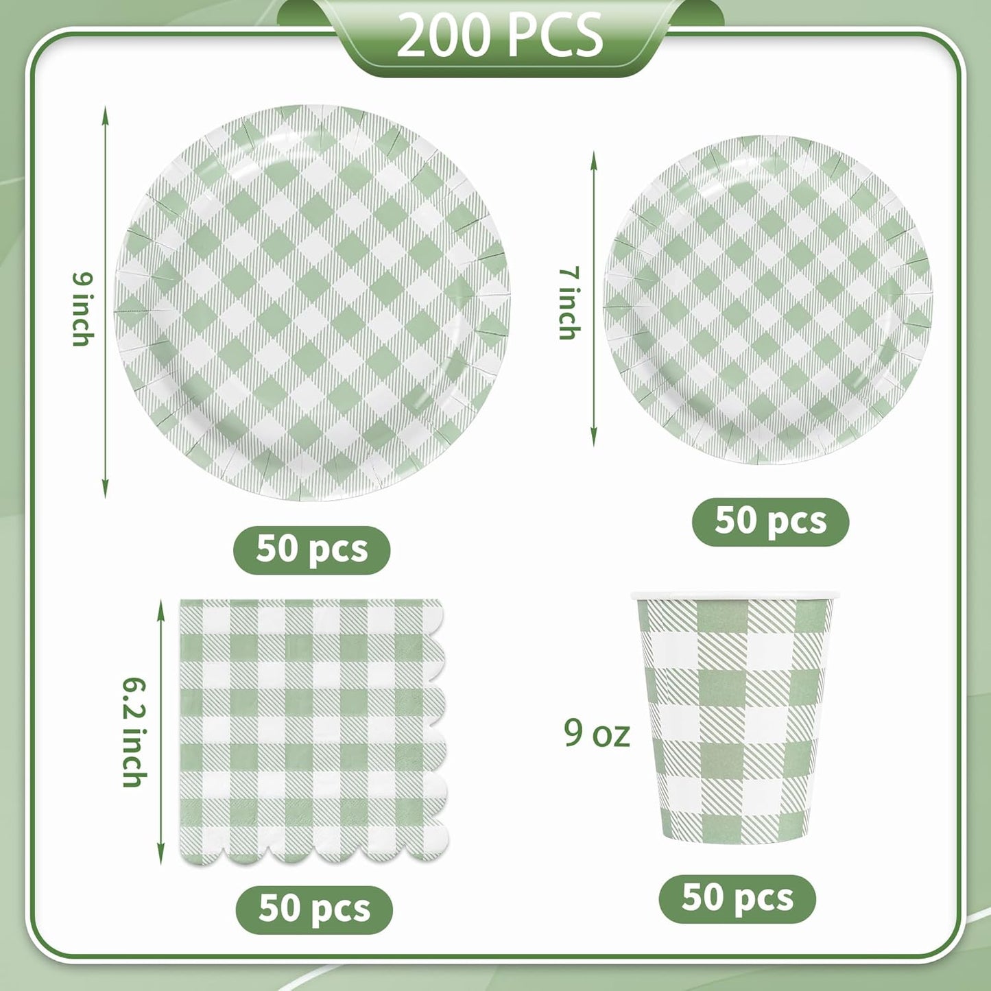 200Pcs Sage Green Gingham Party Supplies Gingham Paper Plates and Napkins Cups Sage Plaid Plates Disposable Green and White Plaid Party Decor for Birthday Family Picnic BBQ,Serves 50 Guests