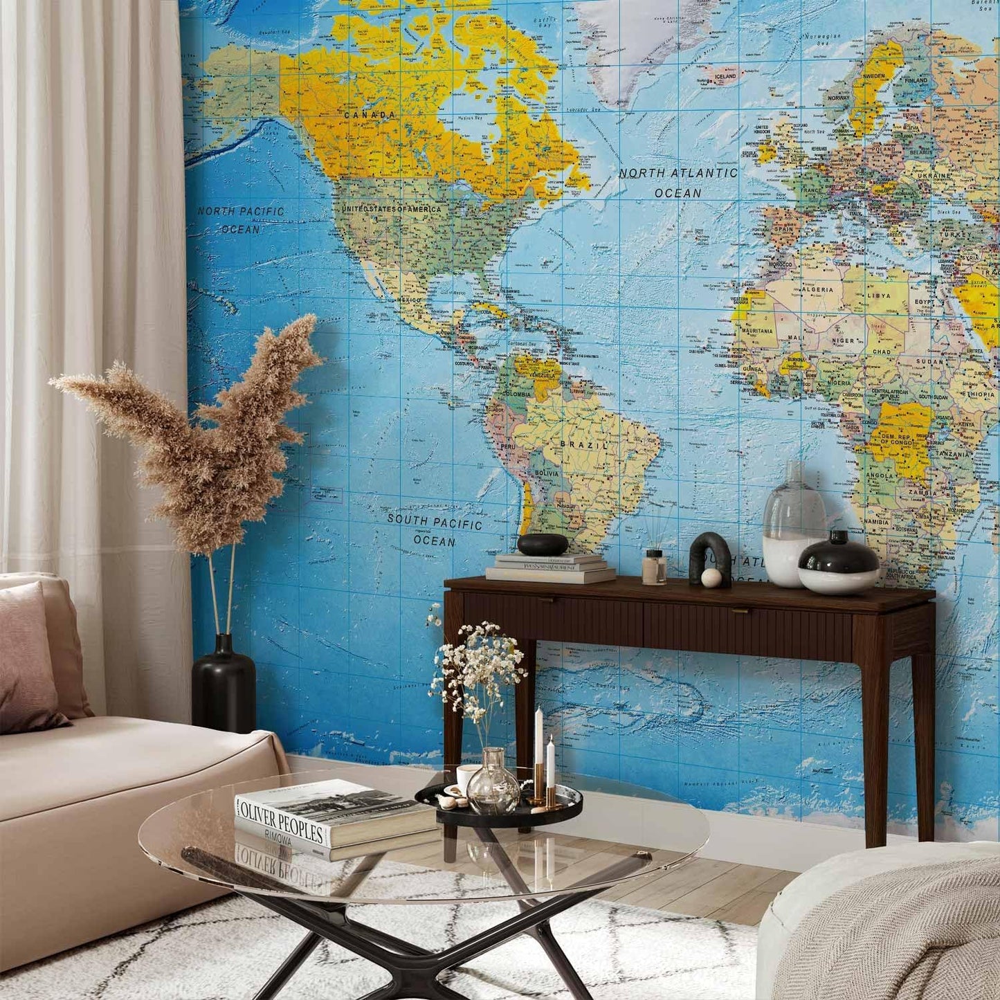 artgeist Premium Wall Mural World Map 79x55 in - XXL Non-Woven Wallpaper Fleece Wall Decor Photo Print Picture Image Design Home Map of The World k-A-0109-a-a