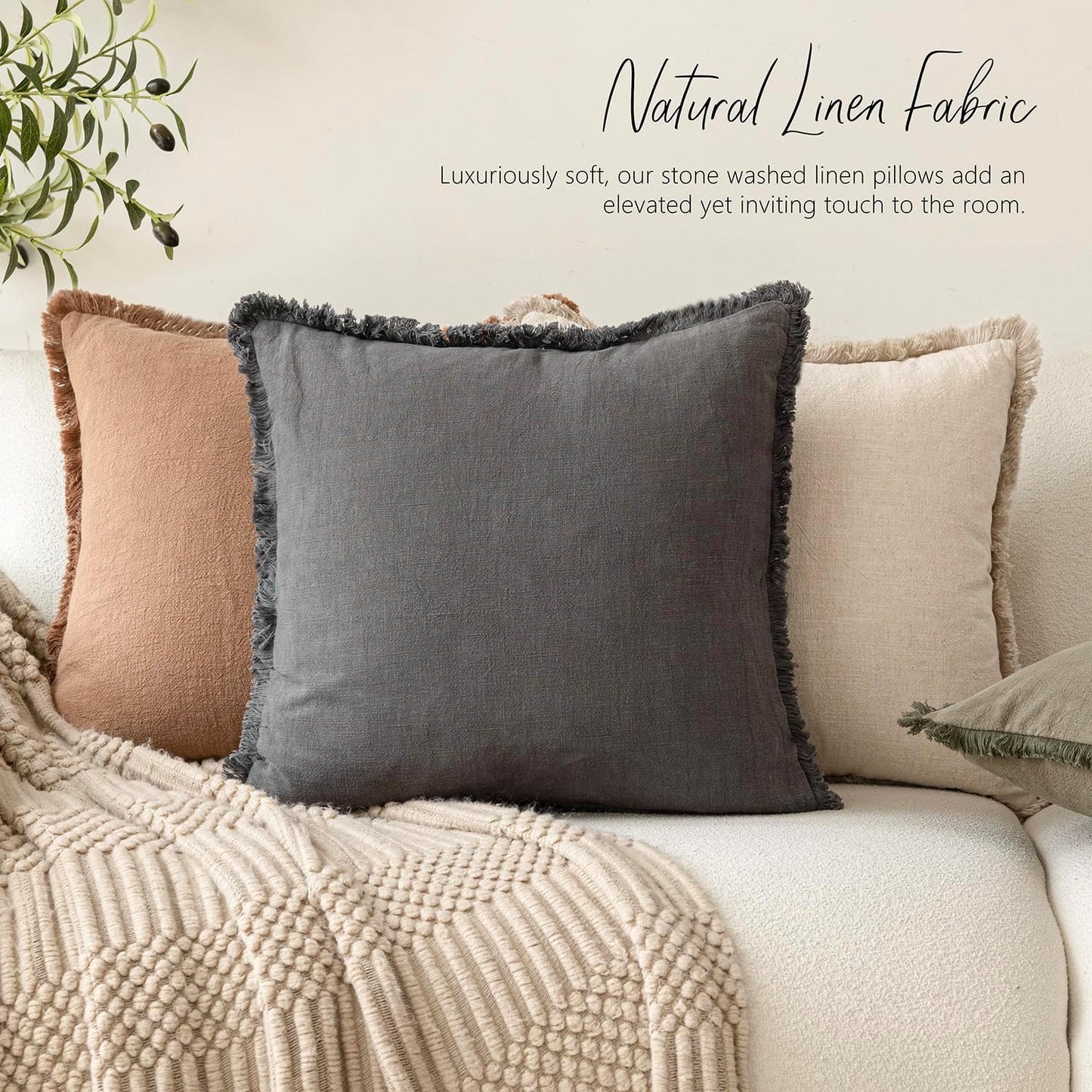 Foindtower Set of 2 Decorative Linen Fringe Throw Pillow Covers Cozy Farmhouse Boho Cushion Cover with Tassels Soft Accent Pillowcase for Couch Sofa Bed Living Room Home Decor 20×20 Inch Gray