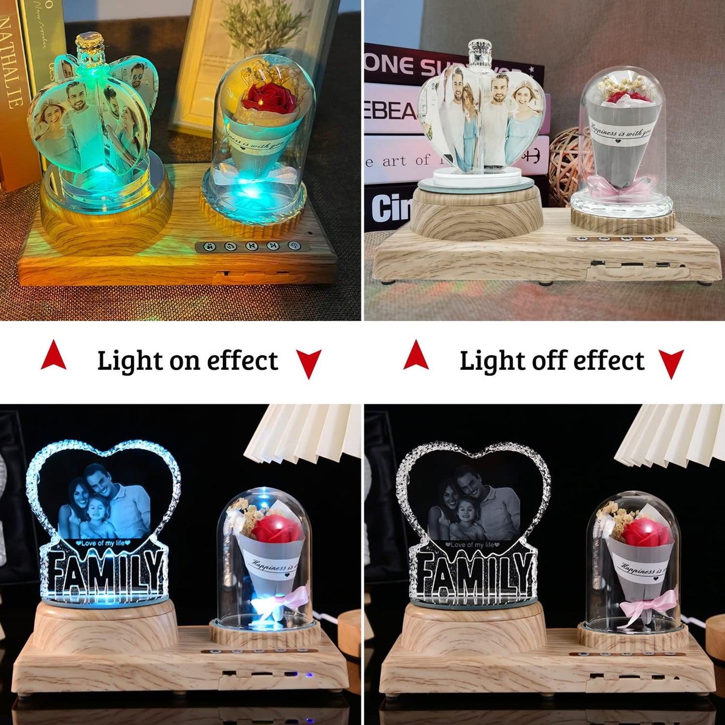 Personalized Heart Crystal Print with Your Photo, Office Desktop Decor Personalized Picture Gifts Glass Clear Frame with Bluetooth Rotary Speaker Color Led Light Changing Mood Light