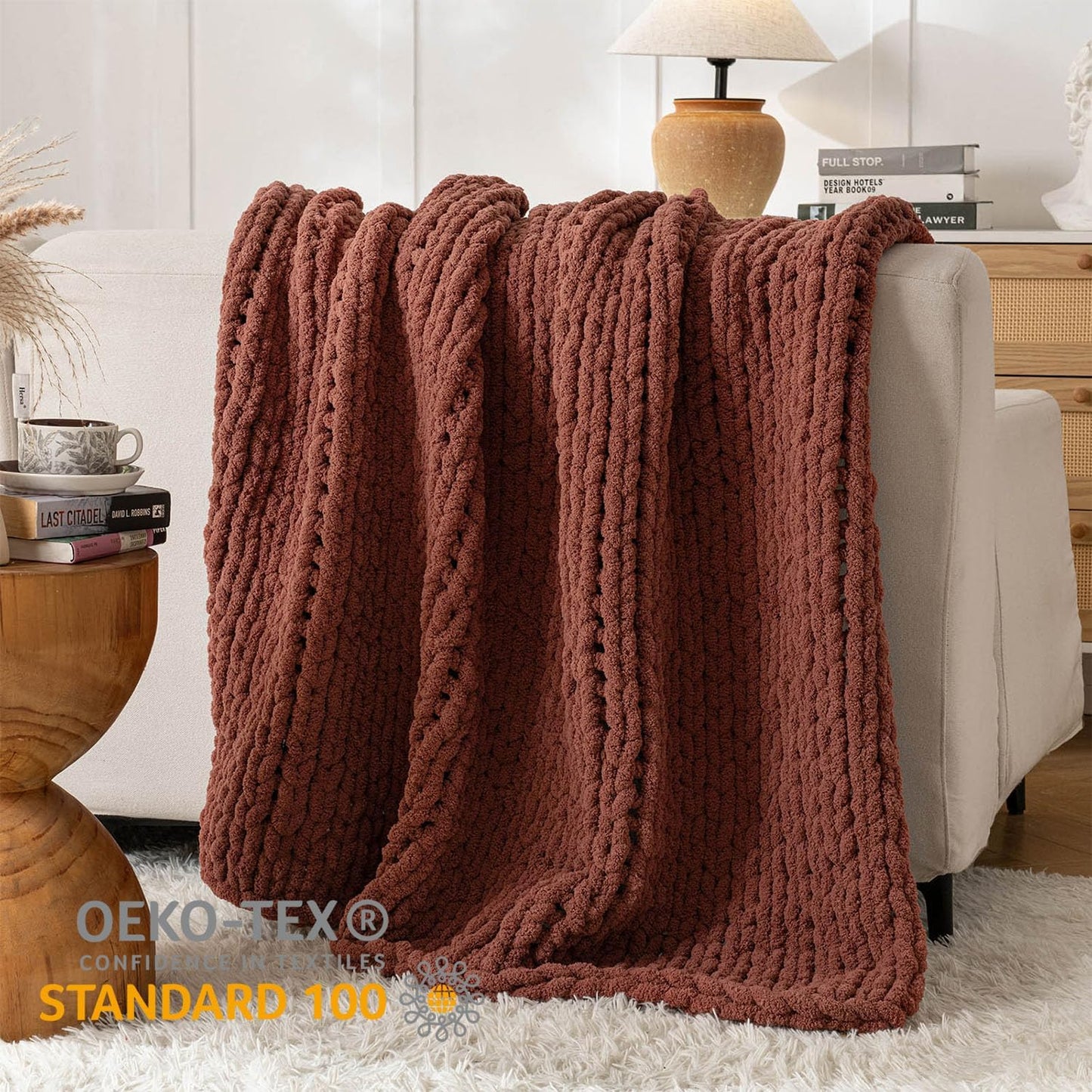 Chunky Knit Blanket Throw, 100% Hand Knit Throw Blanket Handmade Chenille Cable Knit Throw for Couch, Stylish Cozy Soft Rope Knot Crochet Blanket for Home Decor, Copper Brown, 50x60 Inches