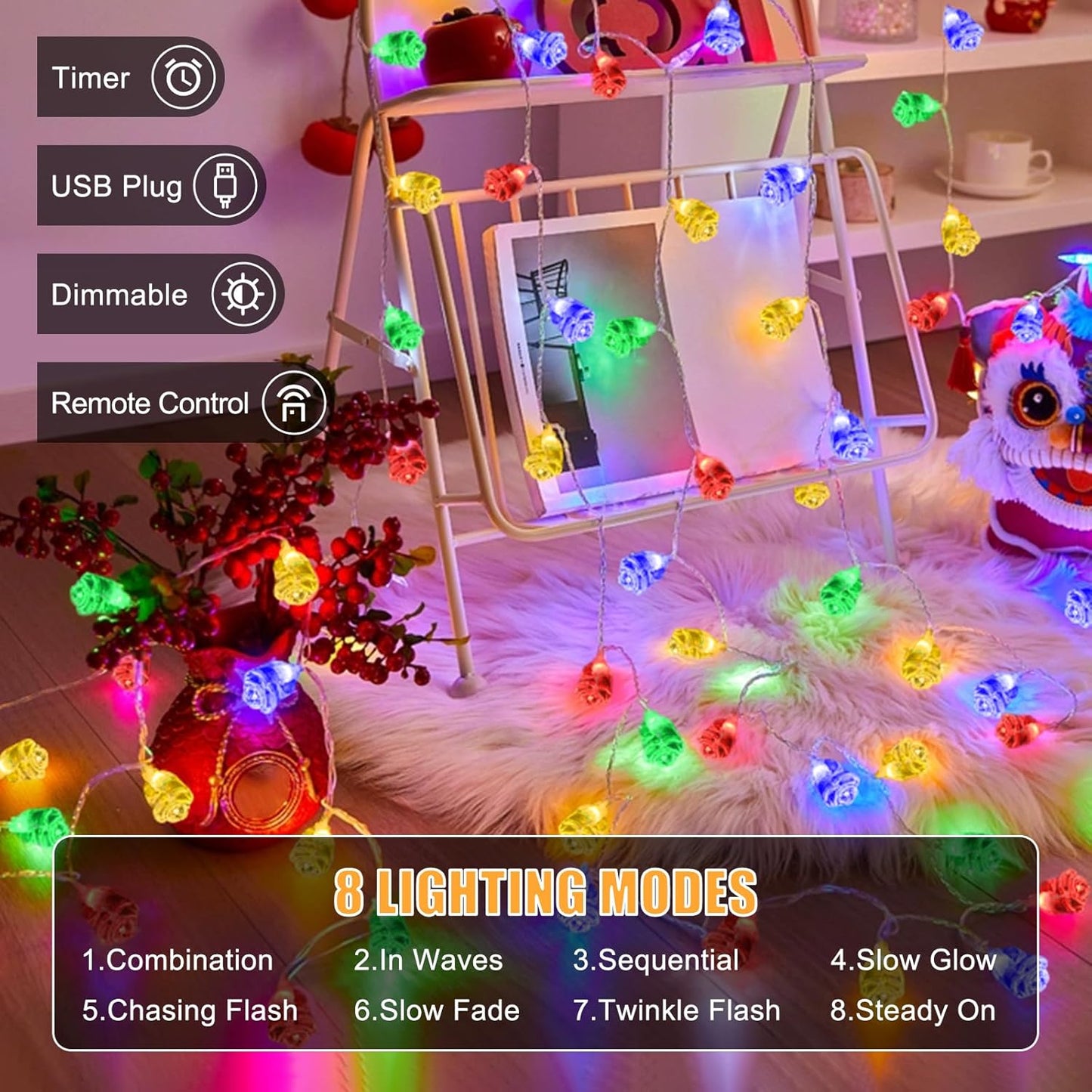 String Lights Indoor, 33Ft 80 LED Rose Flower Lights, 8 Modes Dimmable & Timeable Twinkle Lights, Festival Christmas Decorations for Bedroom Living Room, Multicolor, USB Plug, Remote