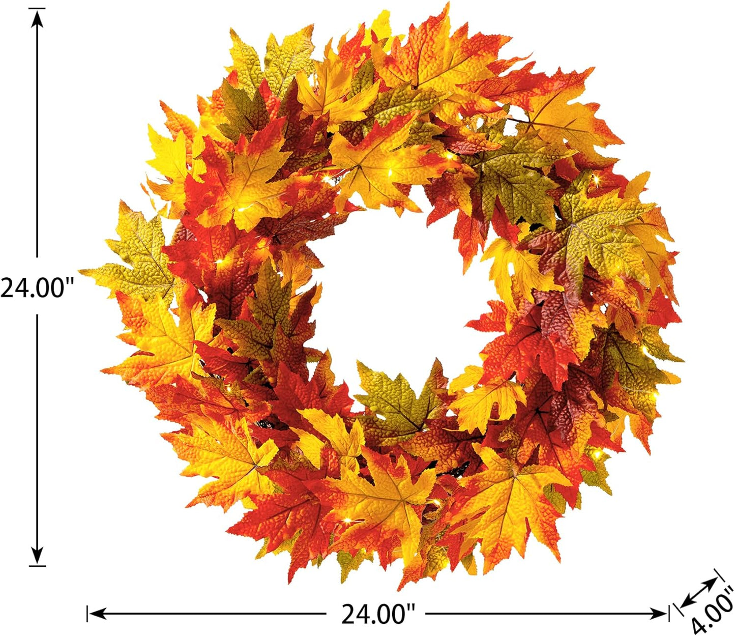 Glitzhome 24 Inch Pre-lit Fall Wreath, Autumn Wreath for Front Door, Lighted Maple Leaves Wreaths with Timer for Thanksgiving Halloween Christmas Wall Front Porch Home Decoration