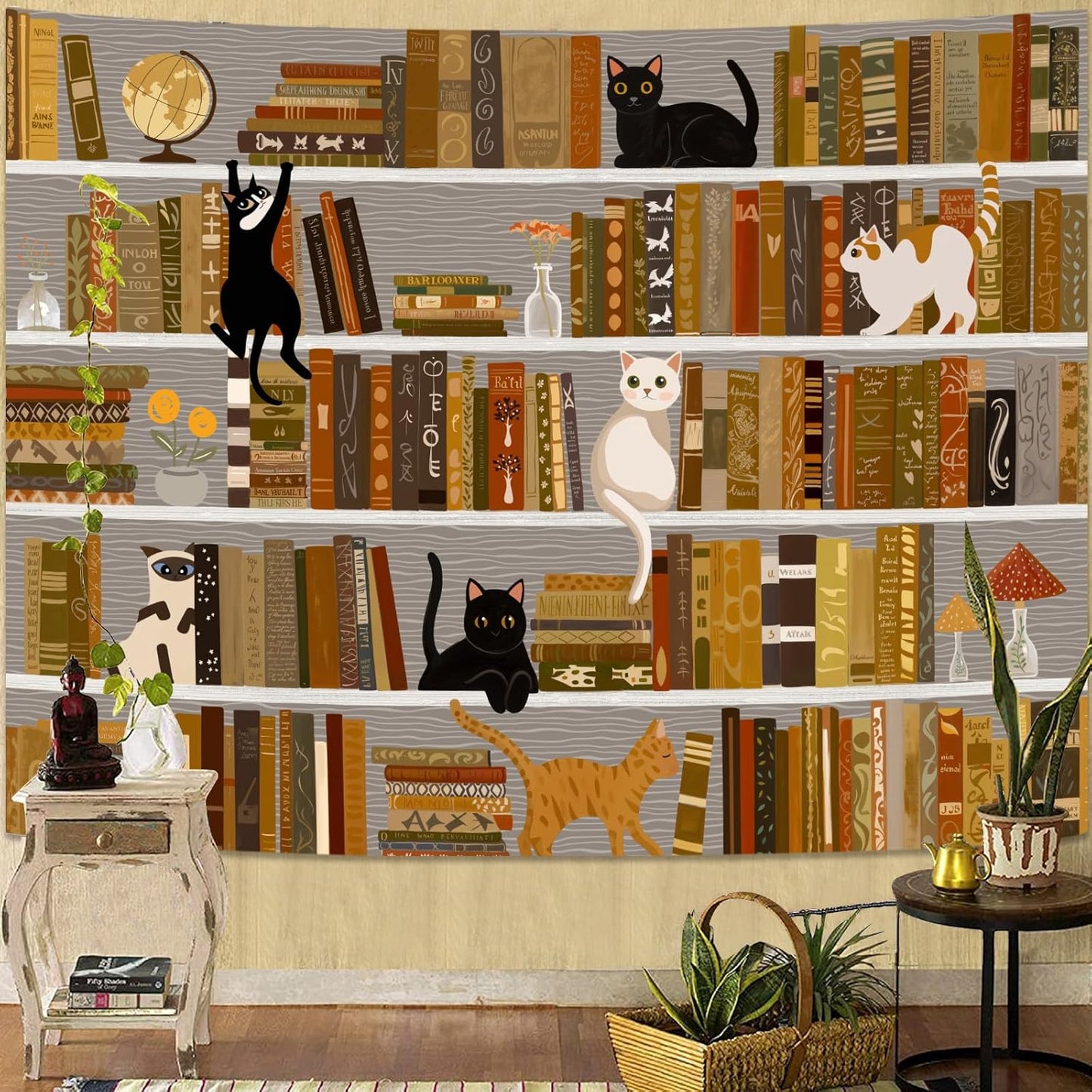 Accnicc Cat Bookshelf Tapestry Extra Large Black White Cute Cats Book Shelf Tapestries Wall Hanging Art Vintage Retro Academics Library Tapestry for Bedroom Living Room Dorm 90 x 68 inch