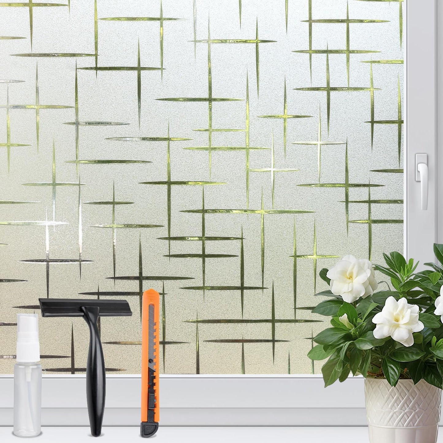 HIDBEA Window Privacy Film, Decorative Staic Cling Frosting Film, Heat Control UV Blocking Non-Adhesive Window Sticker for Home, Cross Pattern,17.5 X 78.7 Inch