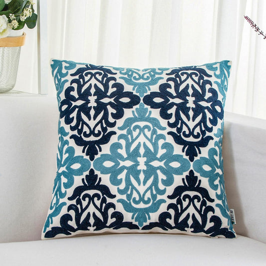 HWY 50 Blue Decorative Throw Pillow Covers 18x18 Inch (1 Piece), Embroidered Cotton Farmhouse Cushion Cover Pillow Case for Sofa Couch Living Room Bed Bedroon, Floral Geometric