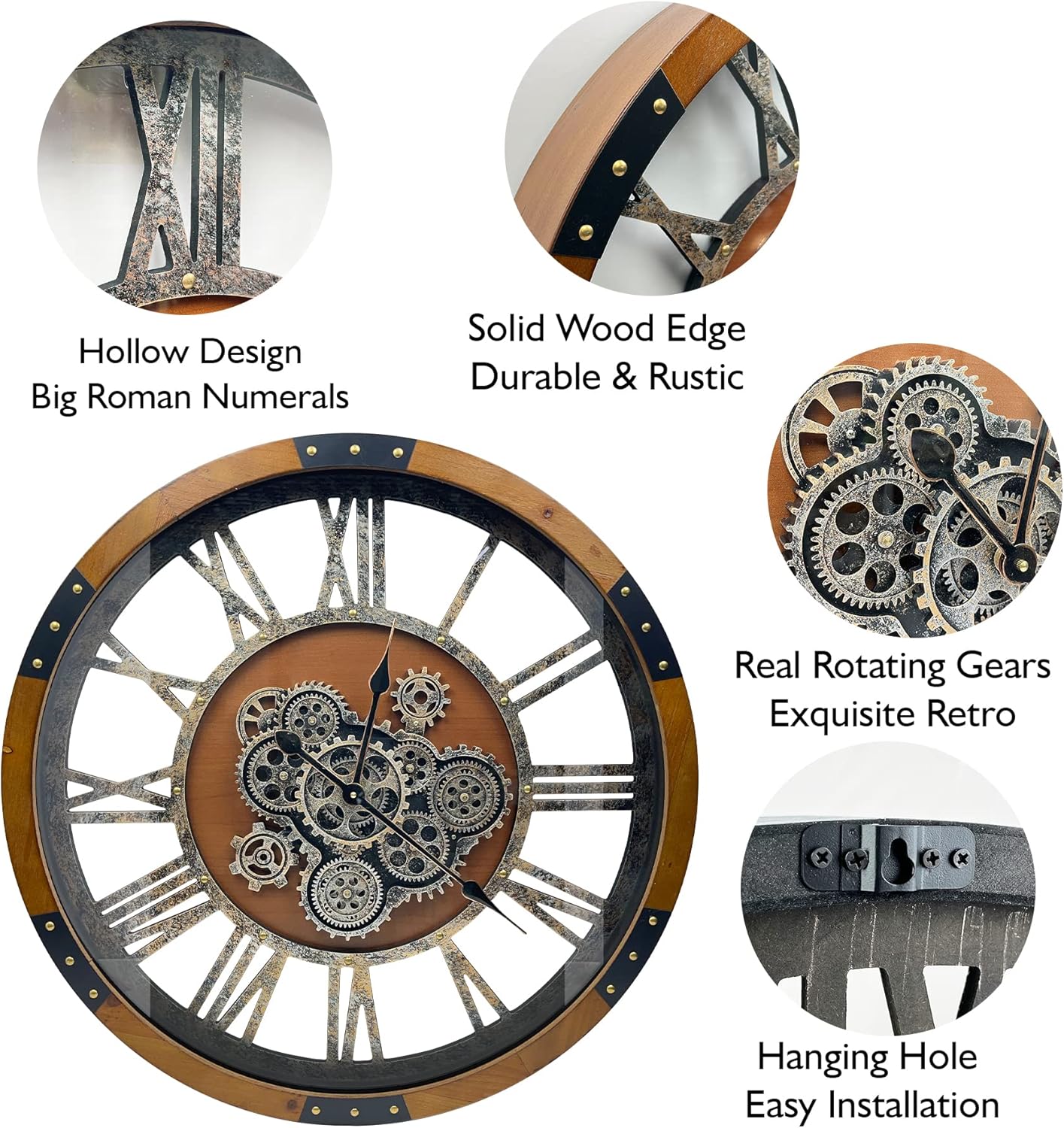 DORBOKER 24" Original Moving Gears Wall Clock, Large Industrial Wall Clock for Living Room Decor, Retro Wood Vintage Farmhouse Steampunk Rustic Clocks for Wall Decor,Brown Nanmu