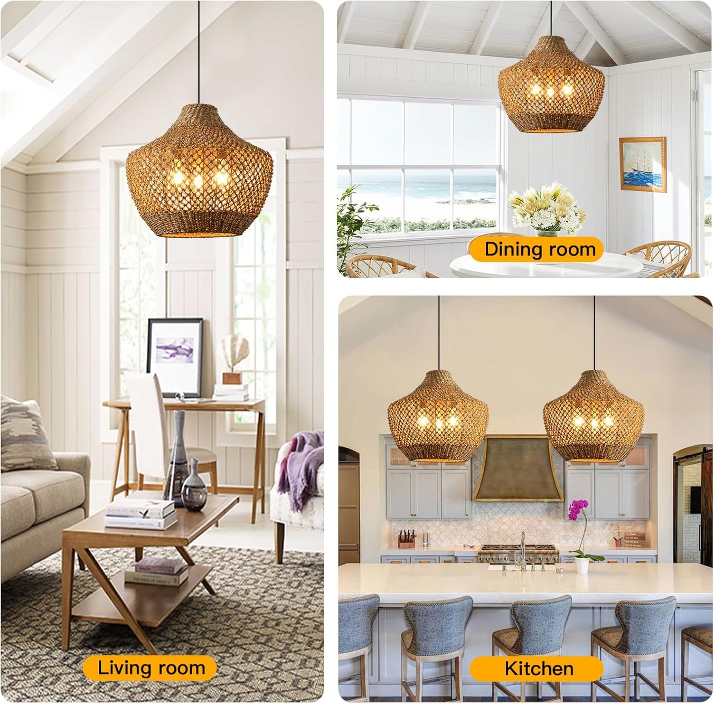 18.9”Boho Wicker Large Pendant Light,3-Light Rattan Chandelier, Hand-Woven Seagrass Farmhouse Fixture, for Kitchen Island Bedroom Dining Living Entrance Halls.