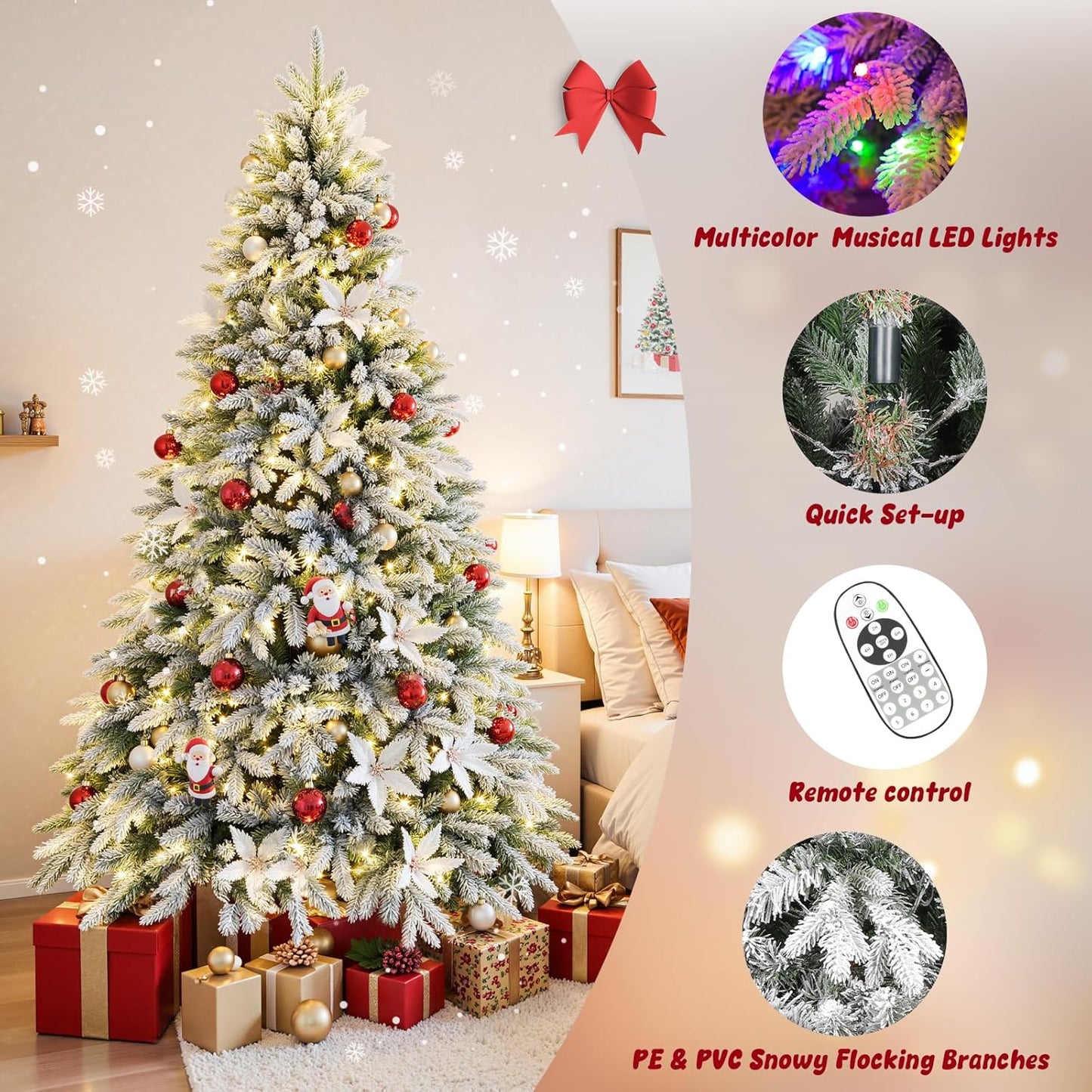 9FT Rotating Christmas Tree with Remote, Pre-Lit Artificial Green PE & PVC Xmas Tree, Multicolor LED Lights with Music & Flash Modes, Deluxe Holiday Home Decor