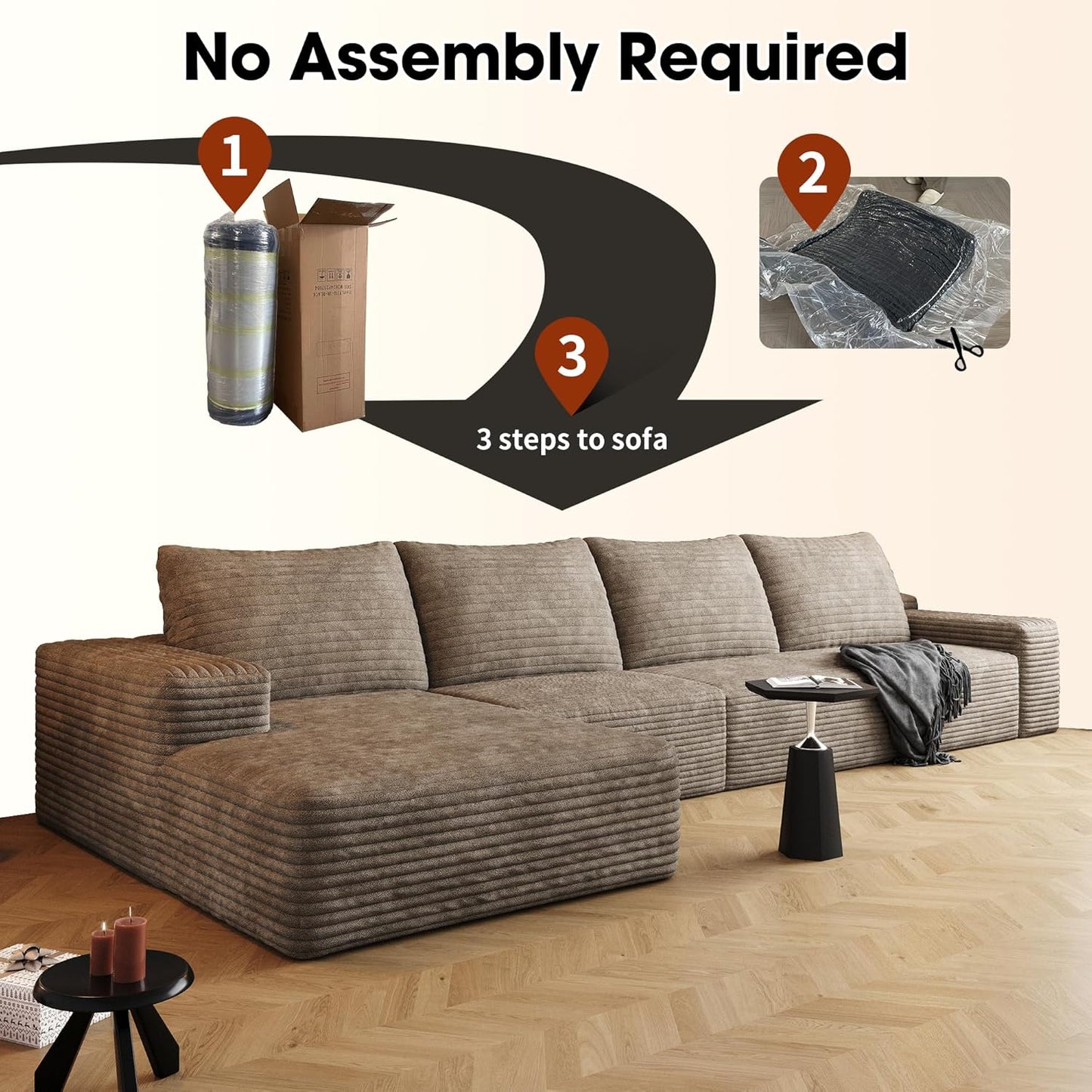 136" Sectional Couches for Living Room Modern Modular Sofa with L-Shape Couchs Upholstered Boneless Couch Deep Seat Sectional Couch with Chaise (Camel, Left Facing Chaise+3Seaters)