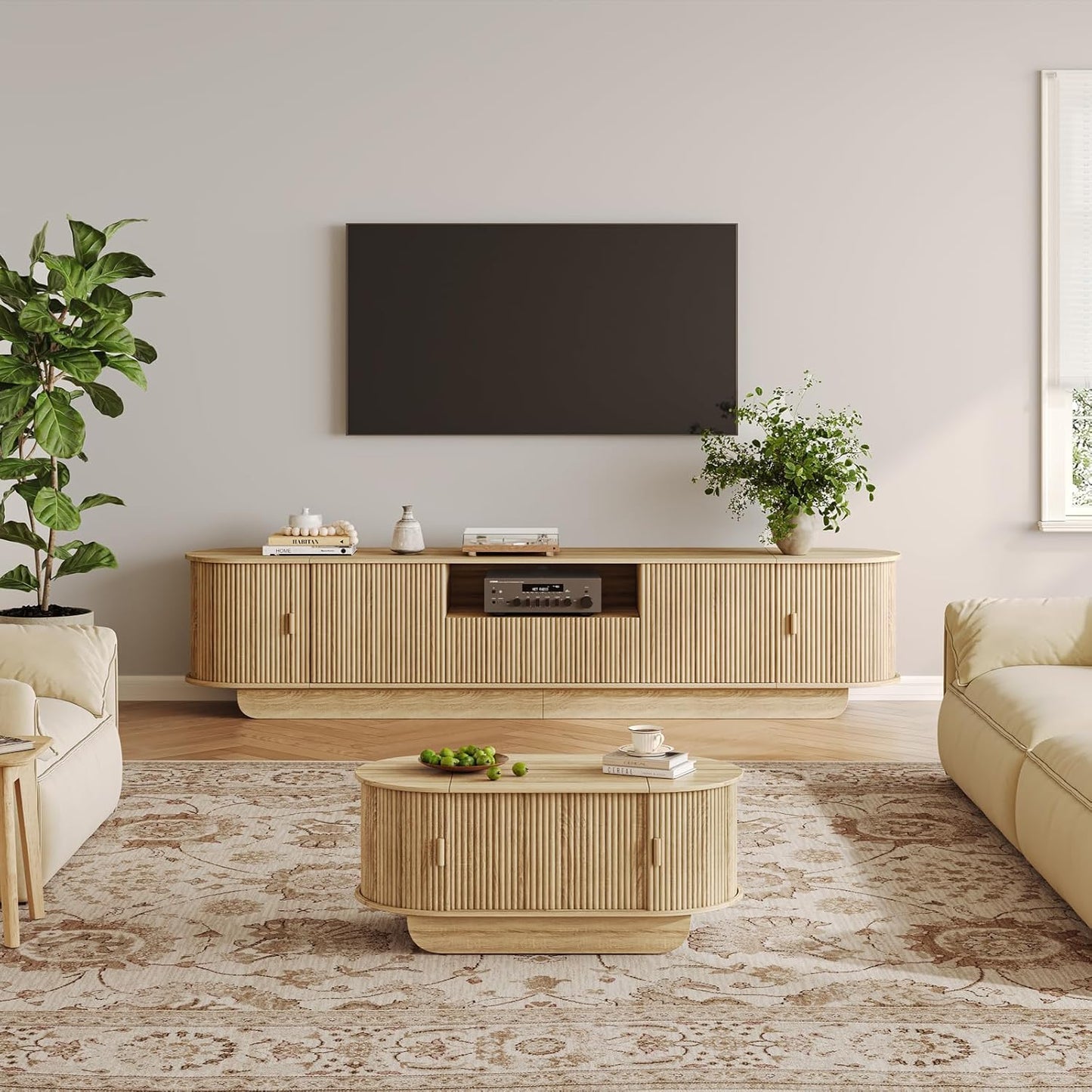 Fluted TV Stand and Coffee Table Set of 2,86.61'' TV Console for 55-85 Inch,Modern Entertainment Center with Large Storage Cabinet,Lift Top Coffee Table for Living Room, Bedroom, Natural