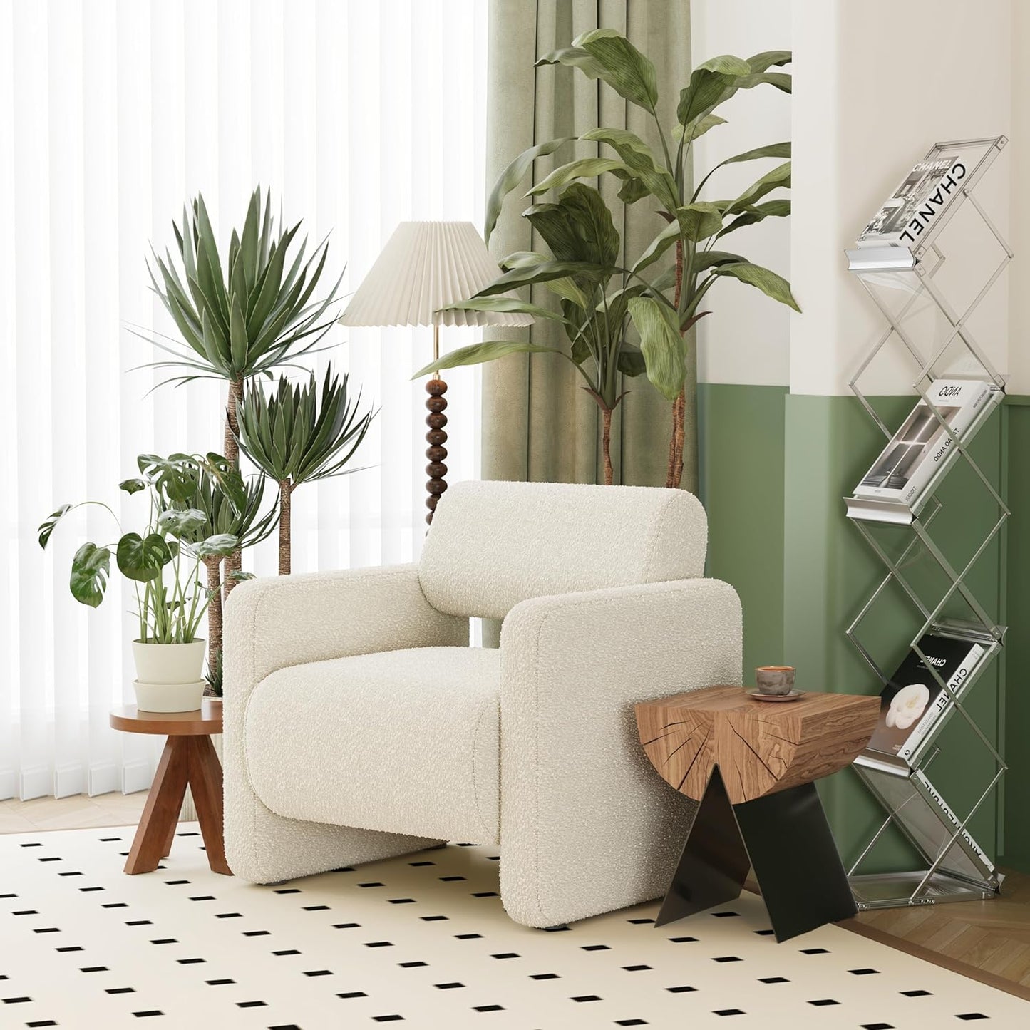 Accent Chair, Modern Boucle Fabric Armed Chair, Comfortable Single Sofa Chair for Living Room, Solid Wood Frame, Comfy Side Chair for Bedroom, Office, Reading (Beige)