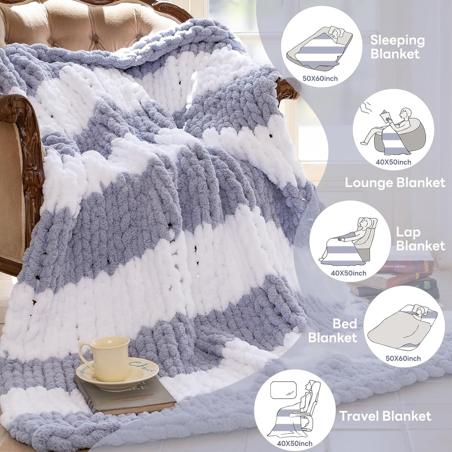 Chunky Knit Blanket - Luxury Soft Cozy 50 * 60 Throw Blanket,100% Woven Blanket Rope Knot Throw Blanket for Couch, Sofa, Home Decor, Gift - Machine Washable（White/Light Gray）