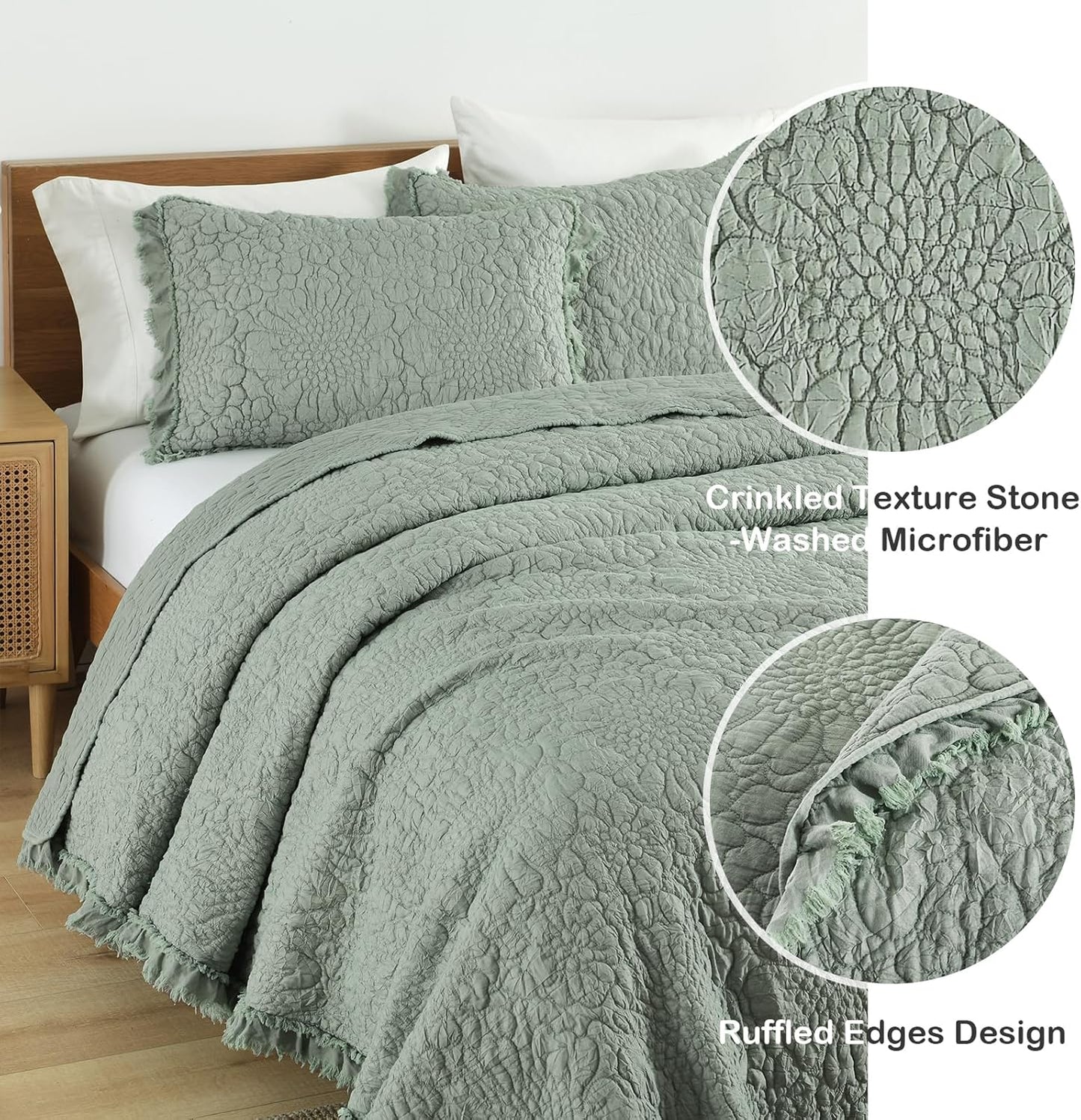 HORIMOTE HOME Sage Green Ruffled Quilt Queen Size, Stone-Washed Microfiber Lightweight Crinkled Farmhouse Rustic Shabby Chic Bedding Set, 3 Pieces Reversible Bedspread with Pillow Shams for All Season