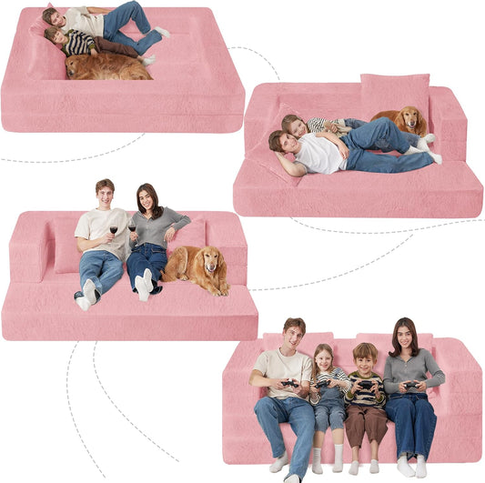Folding Bean Bag Chair for Adults,3-in-1 Bean Bag Couch Faux Fur Floor Sofa Large Beanbag Convertible Bean Bag Sofa Bed with Pillow in Bedroom,Living Room,Apartment(Queen,Pink)