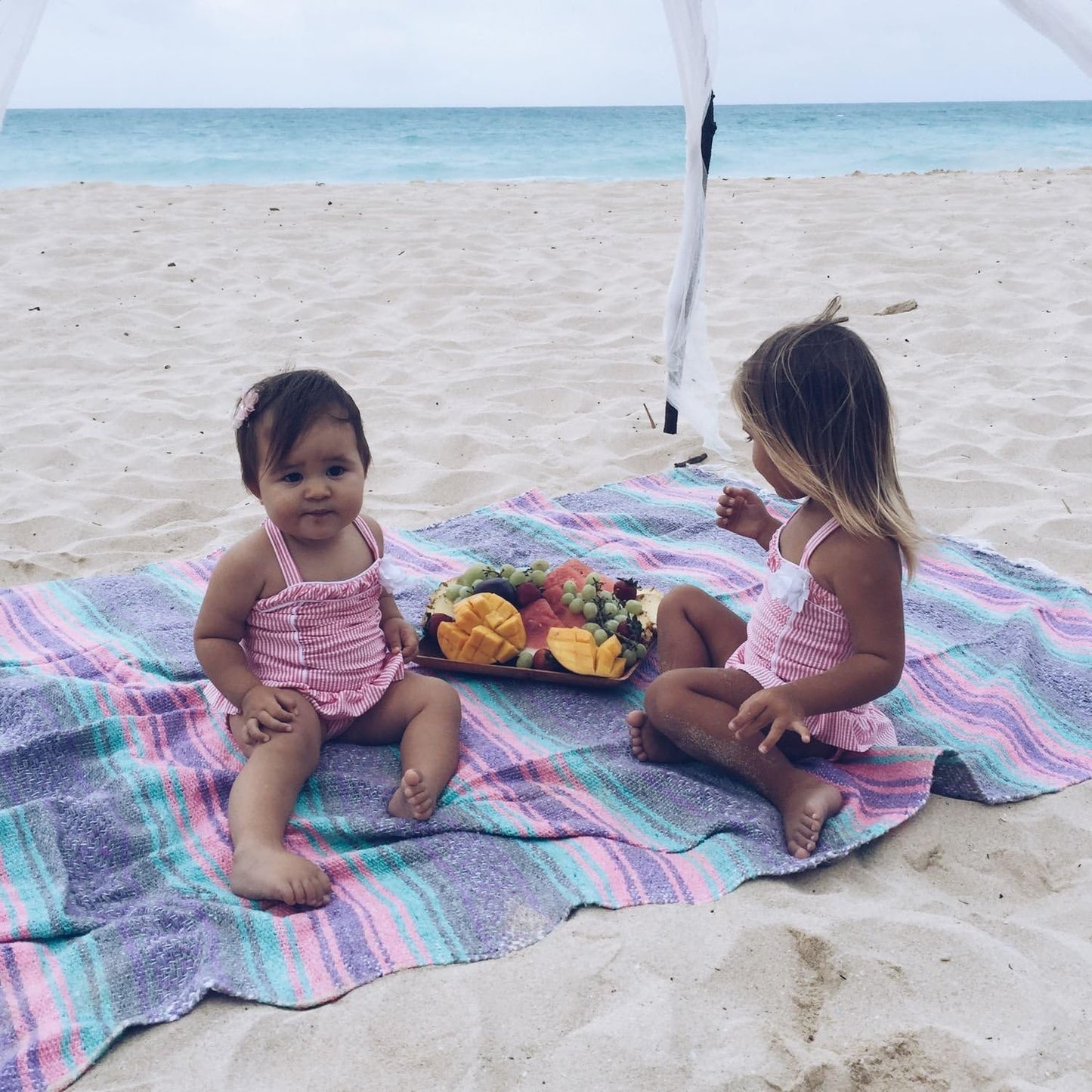 Del Mex Classic Mexican Blanket, Large Authentic Woven Falsa Throw (70"x50"), Artisan Southwest Décor for Beach, Yoga, Outdoors (Mint/Pink/Gray)