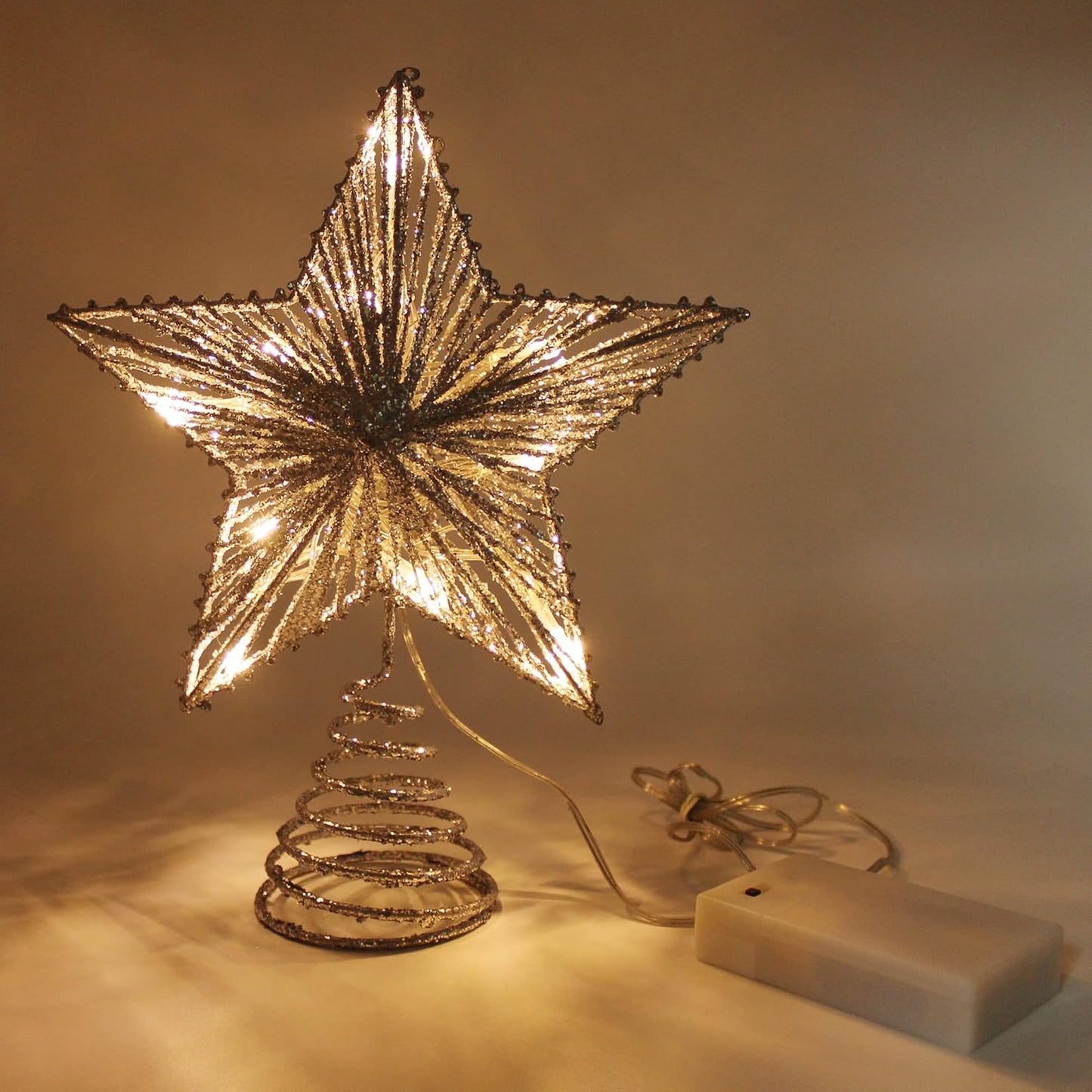 CVHOMEDECO. Silver Glittered 3D Tree Top Star with Warm White LED Lights and Timer for Christmas Tree Decoration and Holiday Seasonal Décor, 8 x 10 Inch