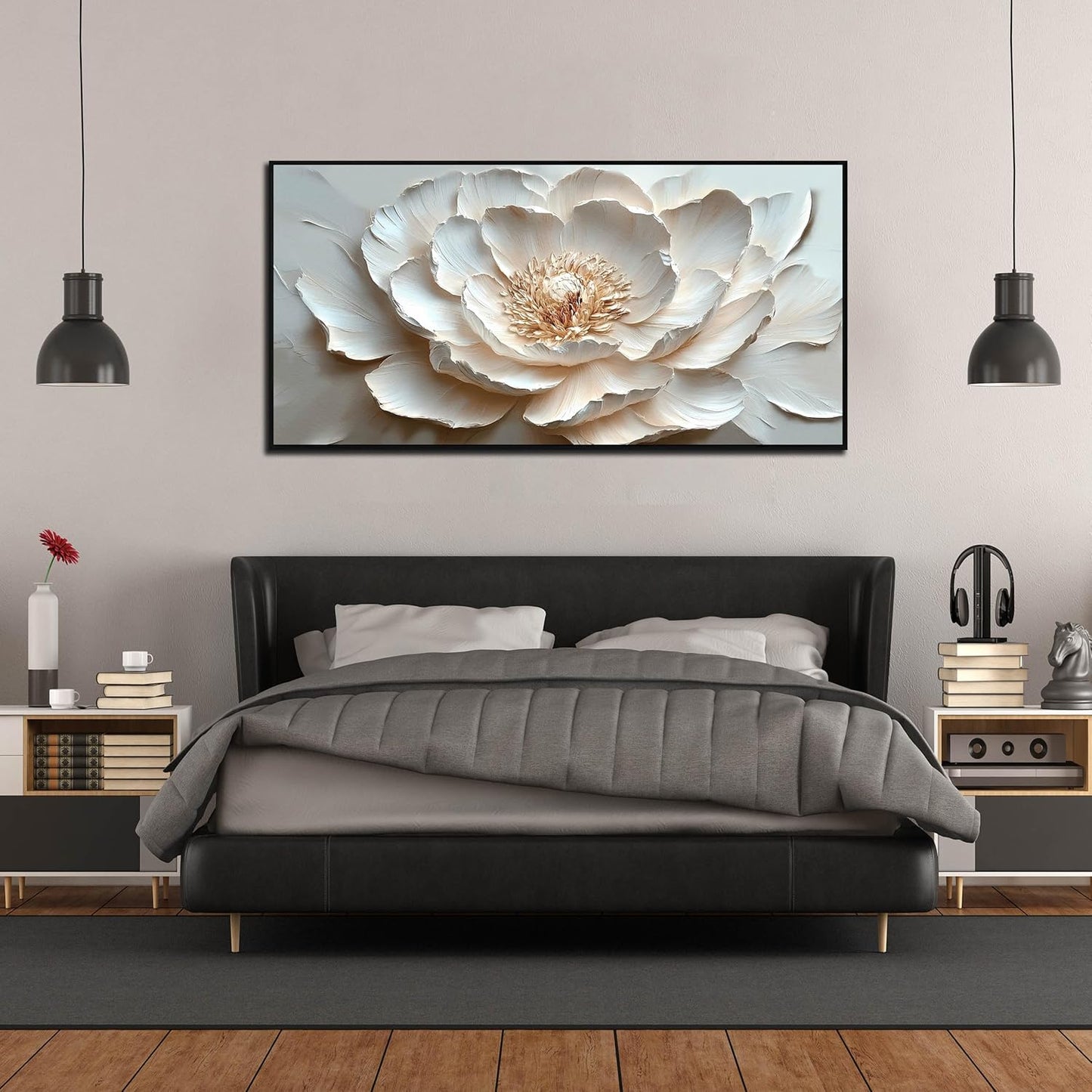 Flower Art Wall Decor for Living Room - White Canvas Wall Art for Office - Large Black Framed Wall Art for Bedroom Size 29" x 59"