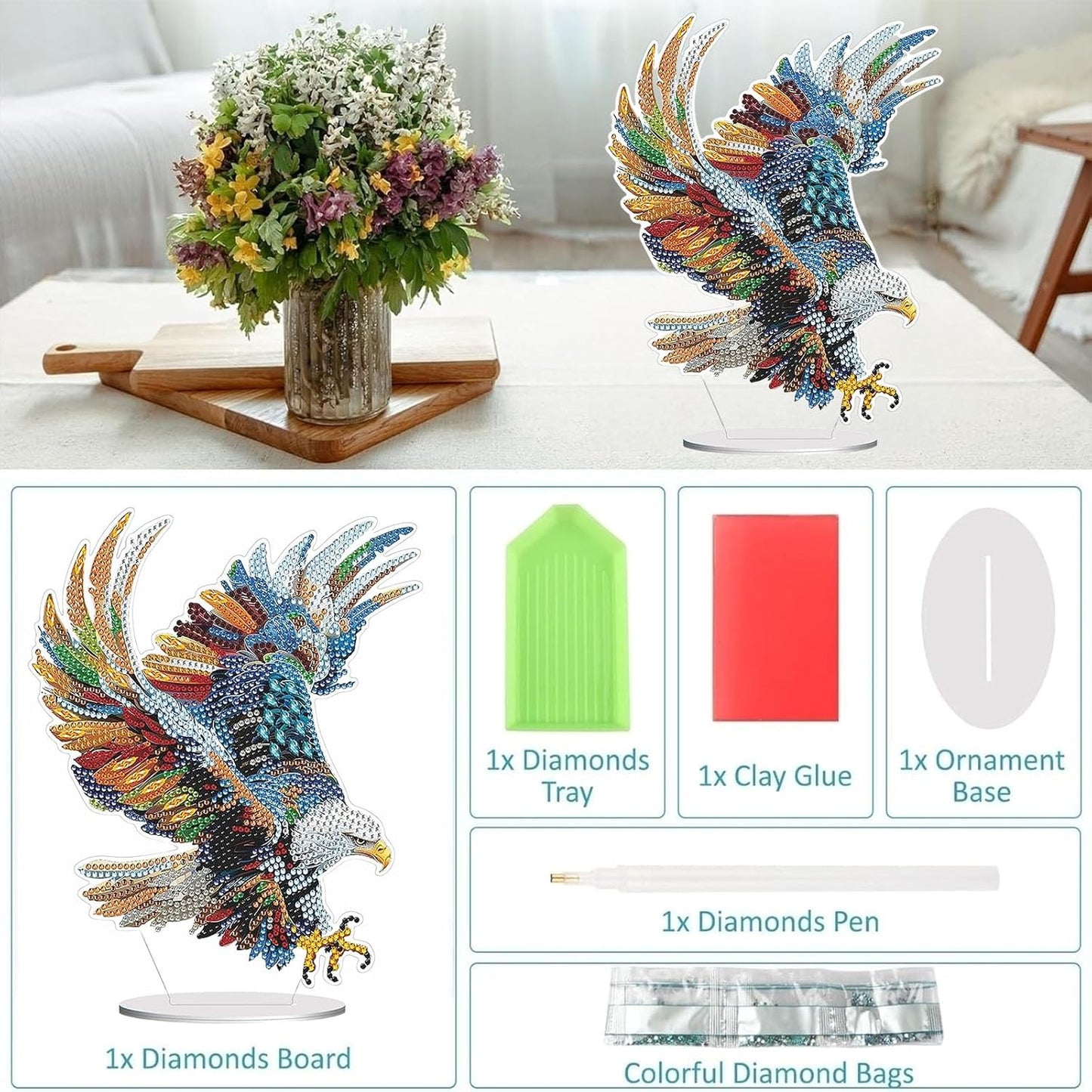 Diamond Painting Kits for Adults Beginners, 5D Full Drill Eagle Crystal Art Desktop Ornament, DIY Single Sided Home Office Desk Decor, Creative Craft Gift Set with Tools