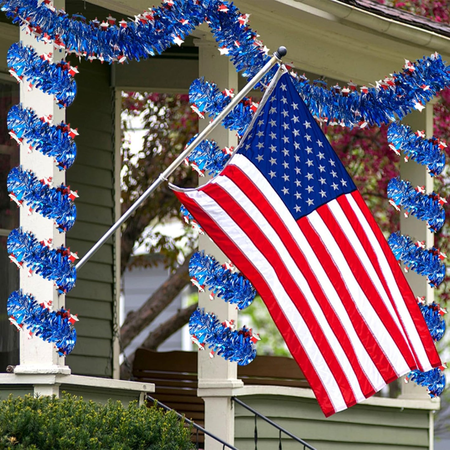 4th of July Patriotic Tinsel Garland Decoration 33FT, Red White and Blue Tinsel Garland with Shiny Star Metallic Garlands,Independence Day Memorial Day Decor for Home Indoor Outdoor