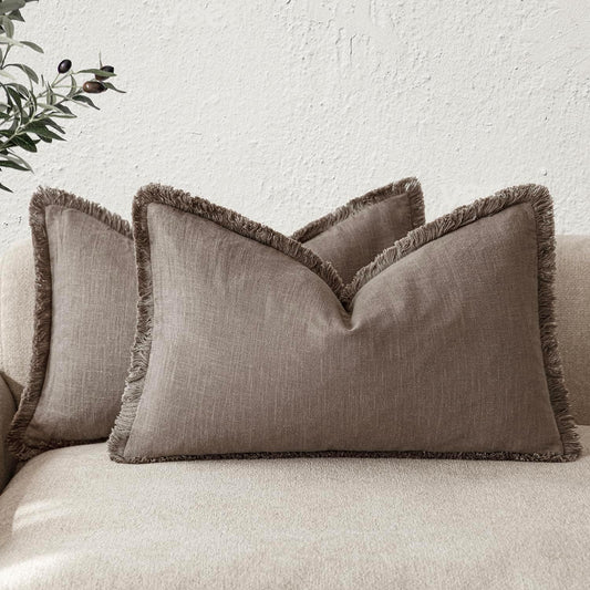 Foindtower Set of 2 Decorative Linen Fringe Lumbar Throw Pillow Covers Boho Farmhouse Cushion Cover with Tassels Accent Pillowcase for Couch Sofa Bed Living Room Home Decor,12×20 Inch,Light Coffee