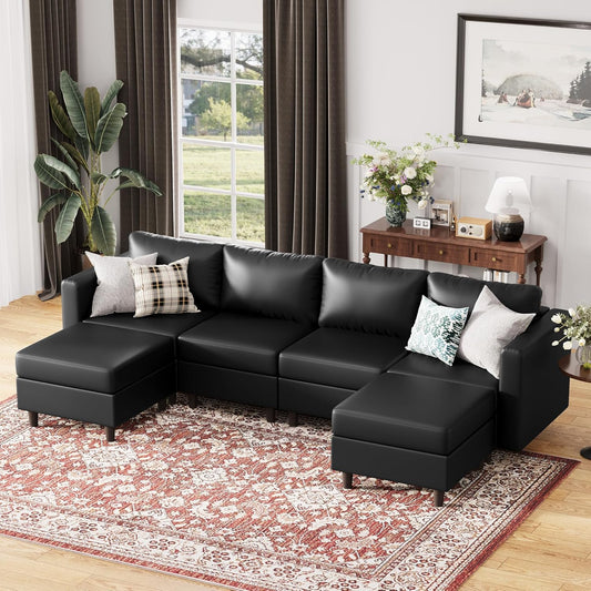118.5" Oversized Modular Sectional Sofa, Faux Leather 6 Seater U Shaped Couch with Movable Ottoman and Storage Seat with Reversible Chaise Deep Seat for Living Room Black