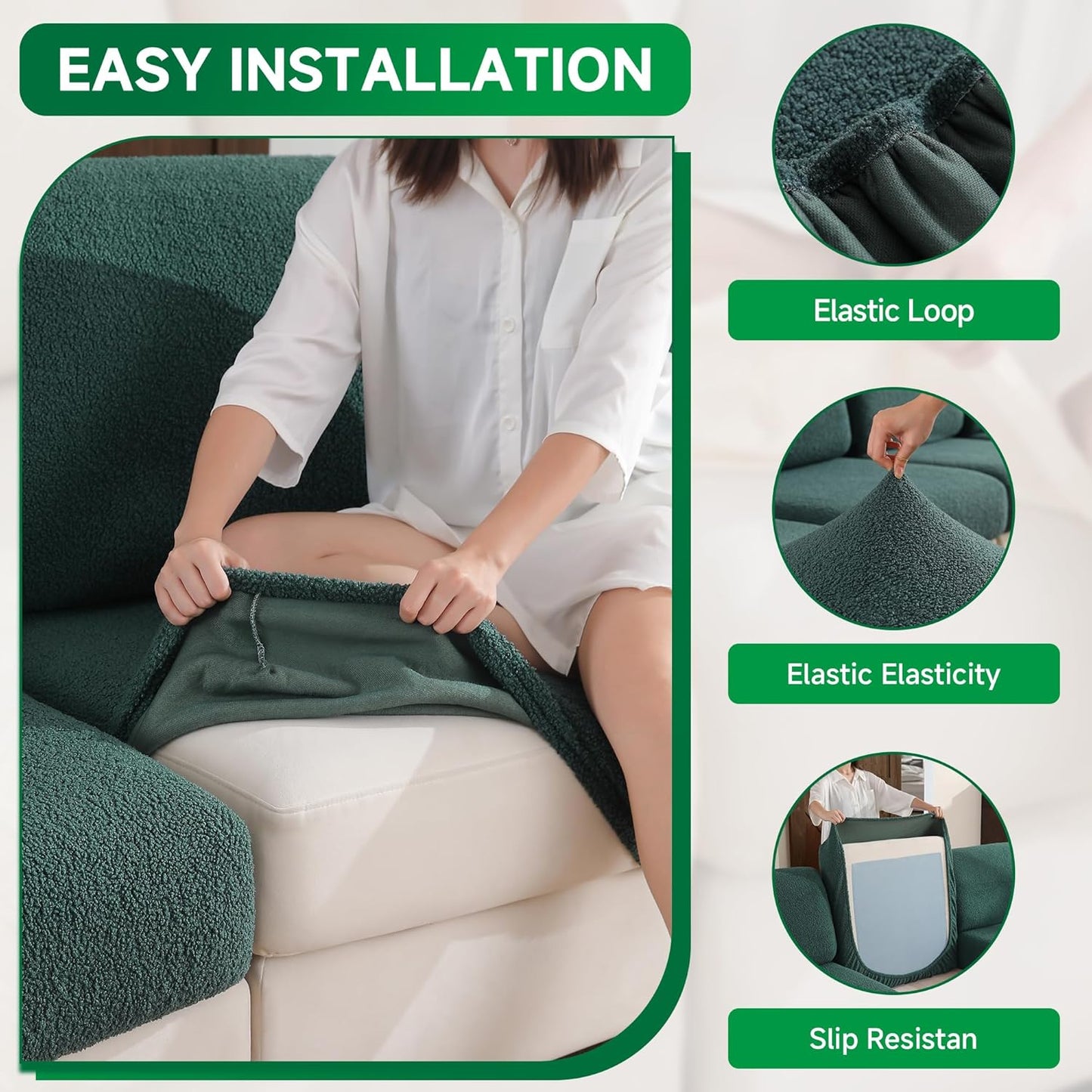 Couch Cushion Covers for Sectional Sofa, Stretch Soft Sofa Slipcovers Washable Wear-Resistant Universal Furniture Protector for Living Room(1 Piece Chaise Cover, Green)