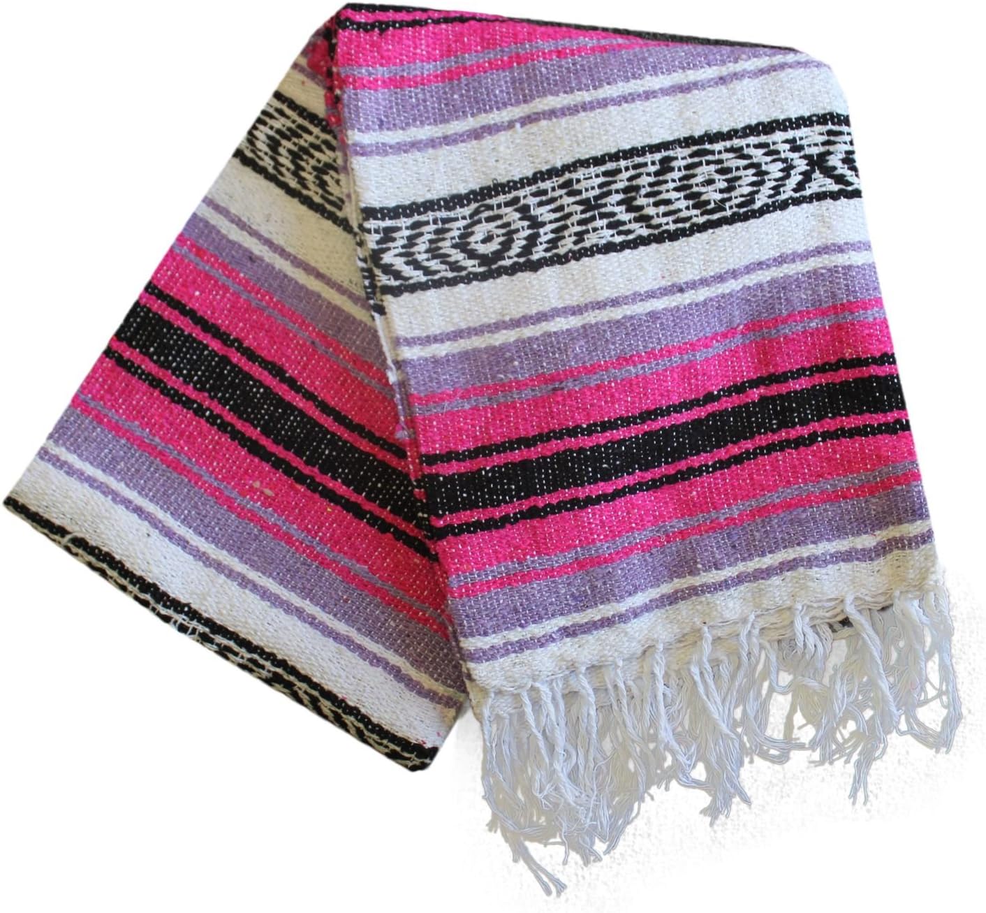 Del Mex Classic Mexican Blanket, Large Authentic Woven Falsa Throw (70"x50"), Artisan Southwest Décor for Beach, Yoga, Outdoors (Pink/Purple)