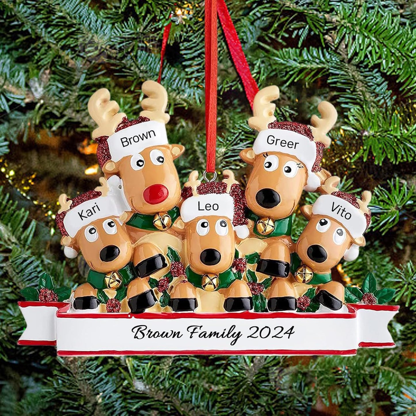 Personalized Christmas Ornaments 2025, Custom Reindeer Family Ornaments for Trees with Names, Handcrafted Christmas Deer Decorations for 2-8 Members, Meaningful Xmas Family of 5