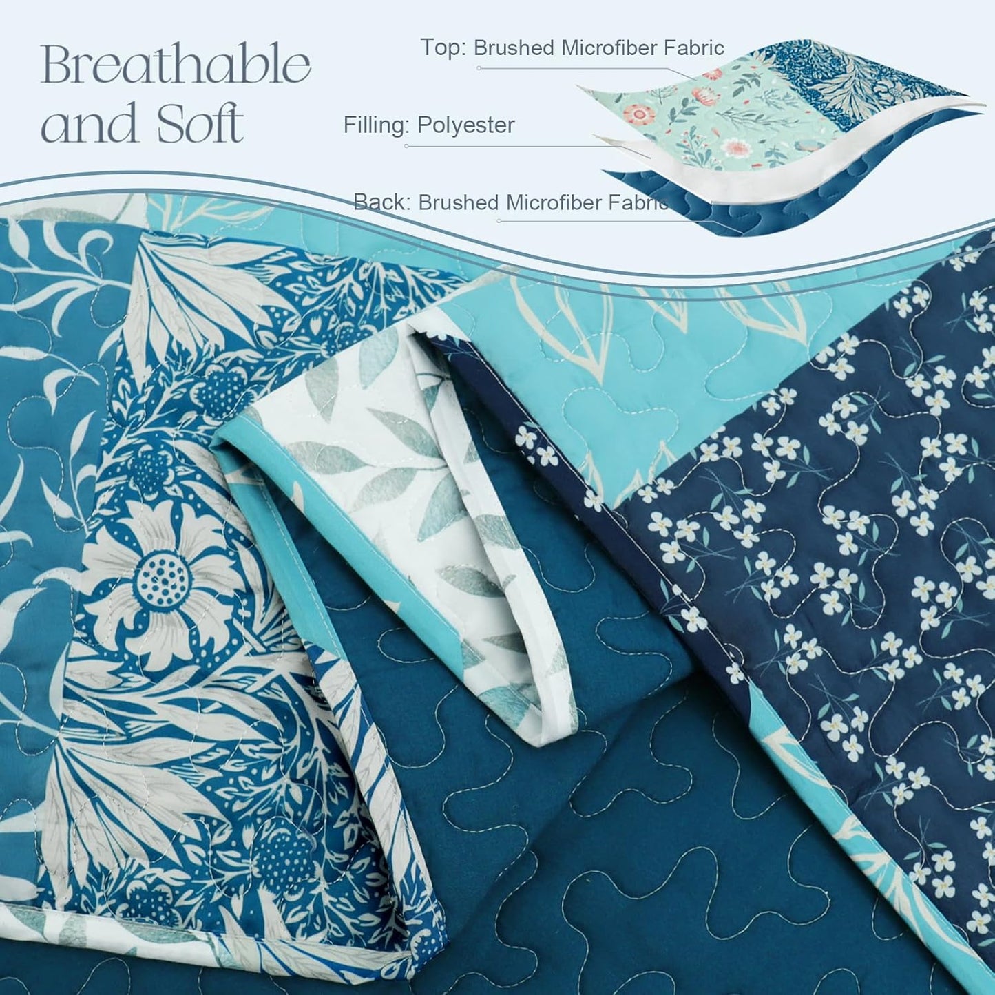 Exclusivo Mezcla Reversible Boho Quilt Set King Size, 3 Pieces Patchwork Navy Blue All Season Bedspreads, Ultra Soft Floral Coverlet Bedding Set with Printed Pattern (1 Quilt, 2 Pillow Shams)