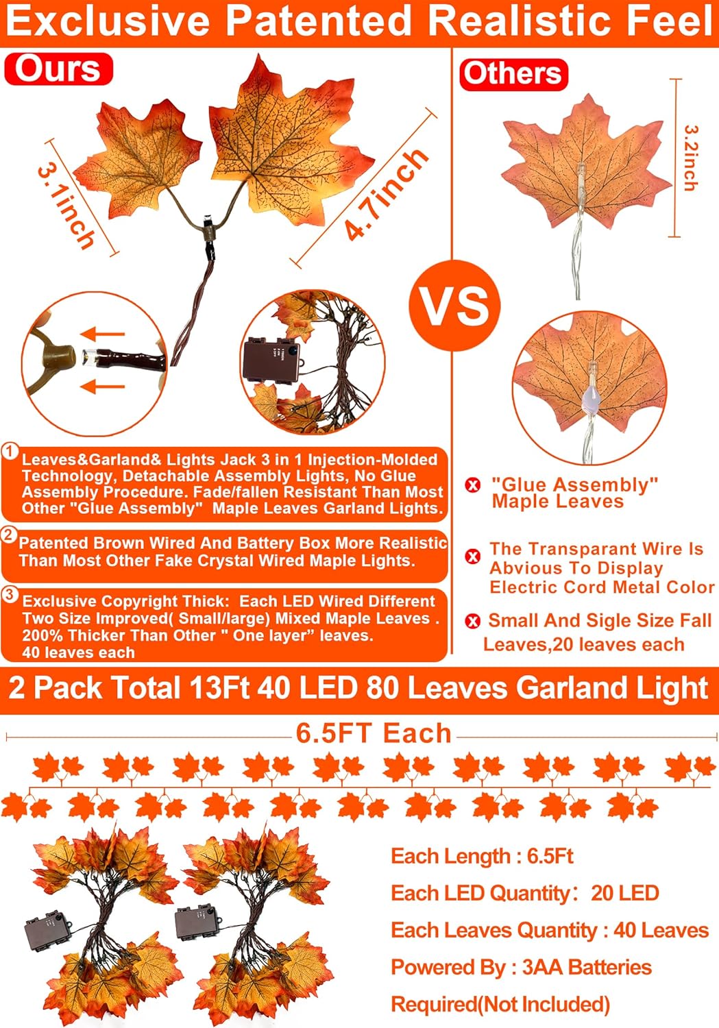 Timer & Thicker Leaves - 2 Pack Fall Garland with Lights Fall Hallowen Decorations Indoor Total 80 Leaves 40LED 13Ft Battery Operated Halloween Garland Thanksgiving Decor Home Indoor Outdoor Christmas