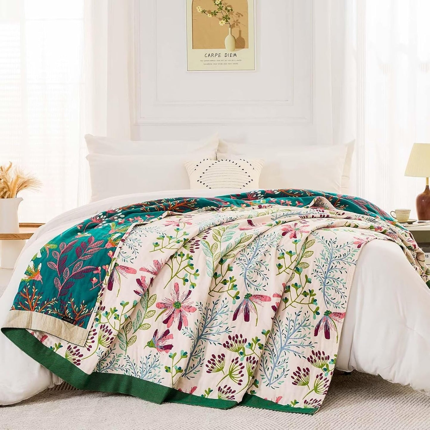 Boho Throw Blanket for Bed, 100% Cotton Soft Rustic Quilt Fall Blanket, 90"x98" Floral Printed Farmhouse Decor Bed Blankets, All Season Rustic Reversible Bohemian Throw Quilt