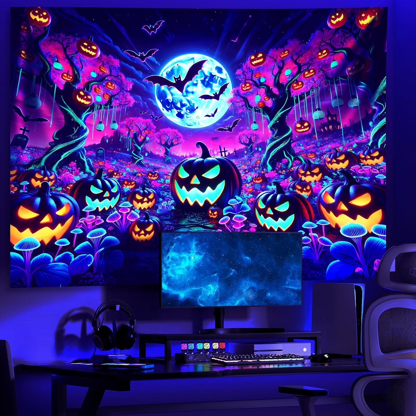 AOHMPT Glow-in-the-Dark Halloween Tapestry - UV Reactive Black Light Wall Hanging Decor for Spooky Parties, Bedroom, Living Room (Pumpkin-Bat, 79L x 59W, Unframed)