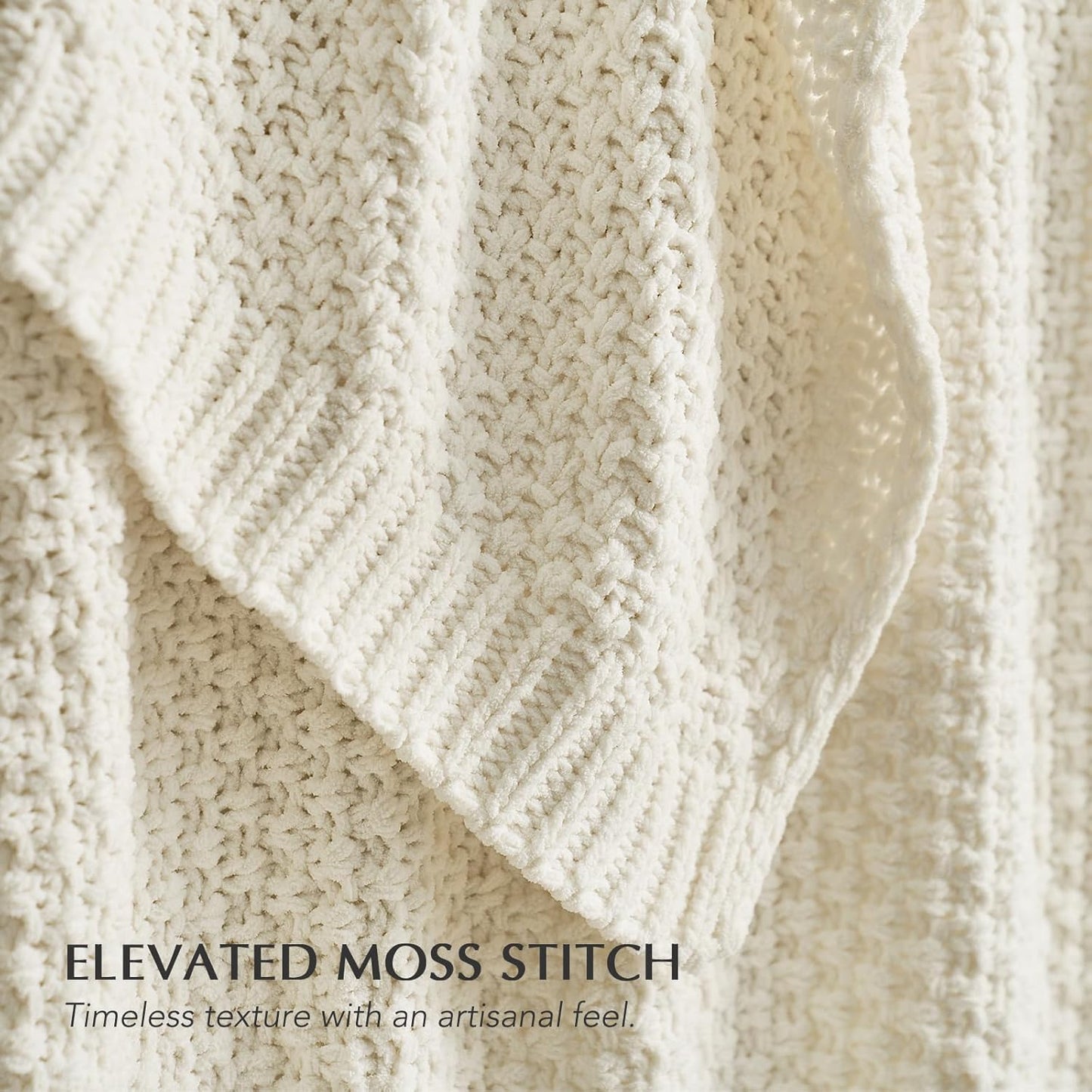Chunky Chenille Knit Throw Blanket for Couch, Soft Luxurious Moss Stitch Blankets for Bed, Cozy Decorative Farmhouse Knitted Throws for Sofa, Ivory White, 50" x 60"