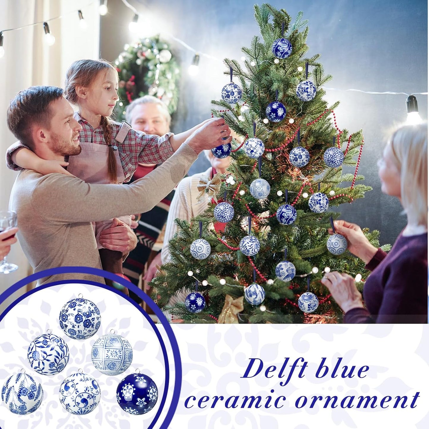 Cindeer 12 Pcs Blue and White Christmas Porcelain Balls 2.4 Inch Porcelain Chinoiserie Ornament Bulk Christmas Ceramic Hanging Decorative for Tree Home Xmas Party (Groovy Style)