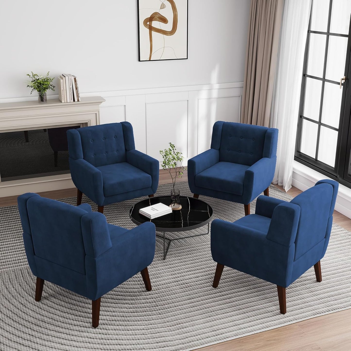 UIXE Accent Chair, Velvet Upholstered Armchair for Living Room, Modern Club Arm Chairs Comfy Single Sofa Button Tufted Bedroom Reading Seat - Royal Blue, Set of 4