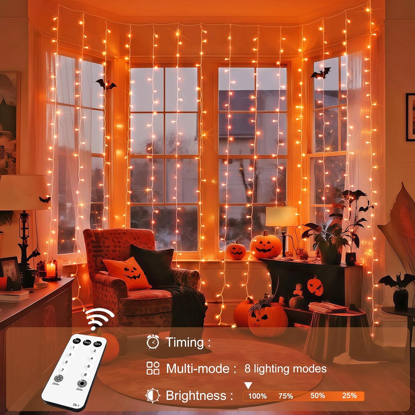 JMEXSUSS 300LED Orange Halloween Lights with Remote, 9.8x9.8ft Halloween Curtain Light, 8 Modes Orange Hanging String Lights Plug in for Fall Bedroom Thanksgiving Window Party Indoor Outdoor Decor