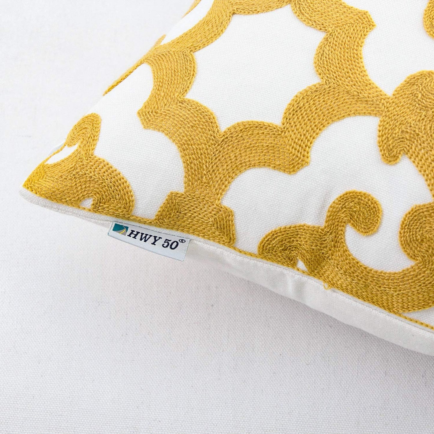 HWY 50 Mustard Yellow Decorative Throw Pillow Covers 18x18 Inch (1 Piece), Embroidered Cotton Farmhouse Cushion Cover Pillow Case for Sofa Couch Living Room Bed, Geometric