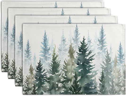 Watercolor Dark Green Tree Table Mats Set of 4 Rustic Nature Forest Pine Tree Placemats Seasonal Winter Holiday Place Mat Farmhouse Washable Linen Placemat for Dining Table Kitchen Christmas Decor