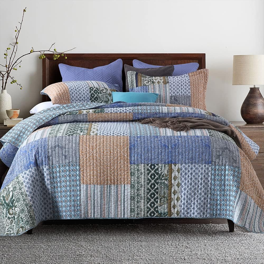 Autumn Dream Cotton Bedspread Quilt Sets Reversible Bedding Coverlet Sets Comforter, Bohemian Paisley Patchwork Blue Bedspread, King Size