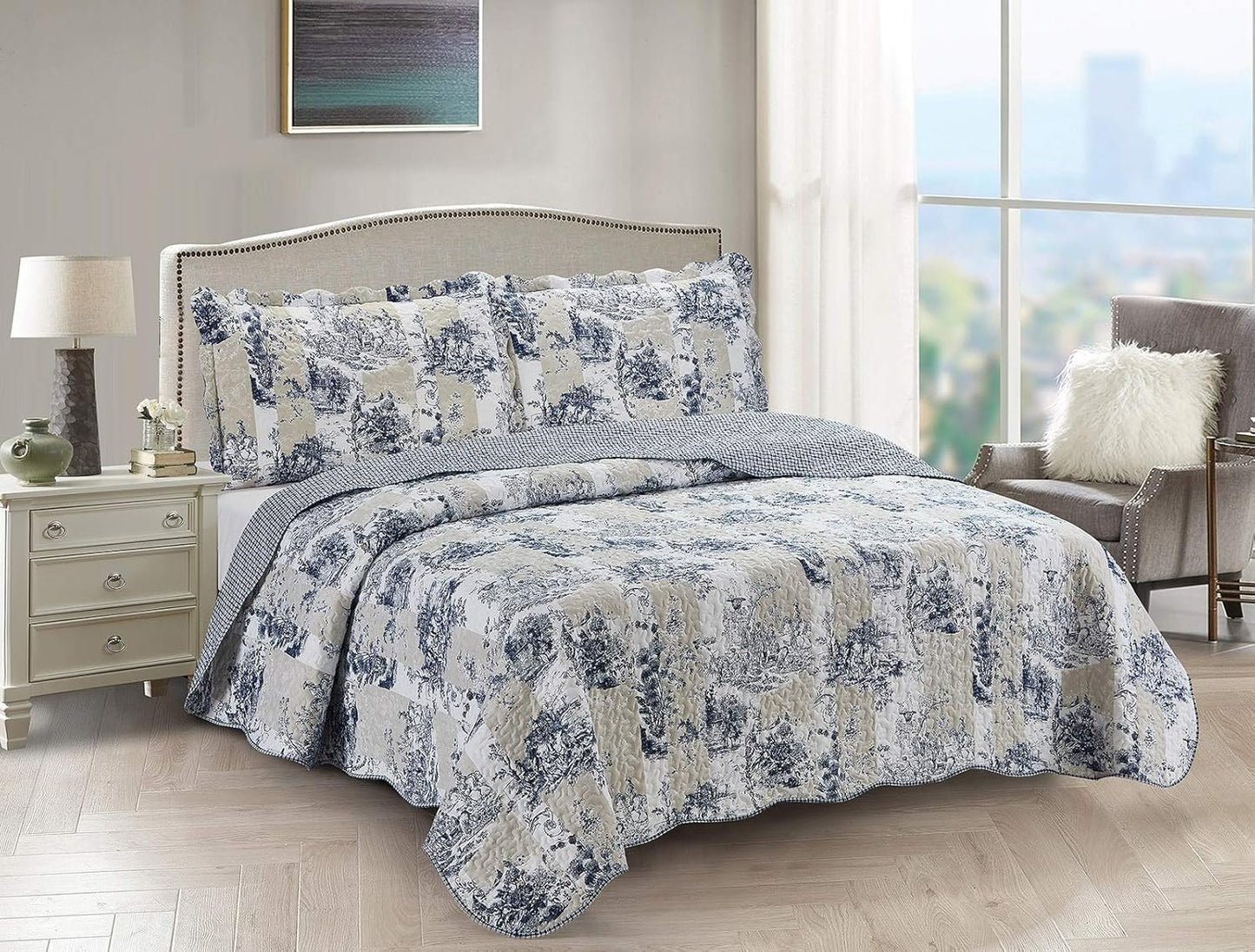 Brilliant Sunshine Blue Toile in Beige and Ivory Patches, 3-Piece Quilt Set with 2 Shams, Reversible Bedspread, Soft Lightweight Coverlet, All-Season, King, Blue