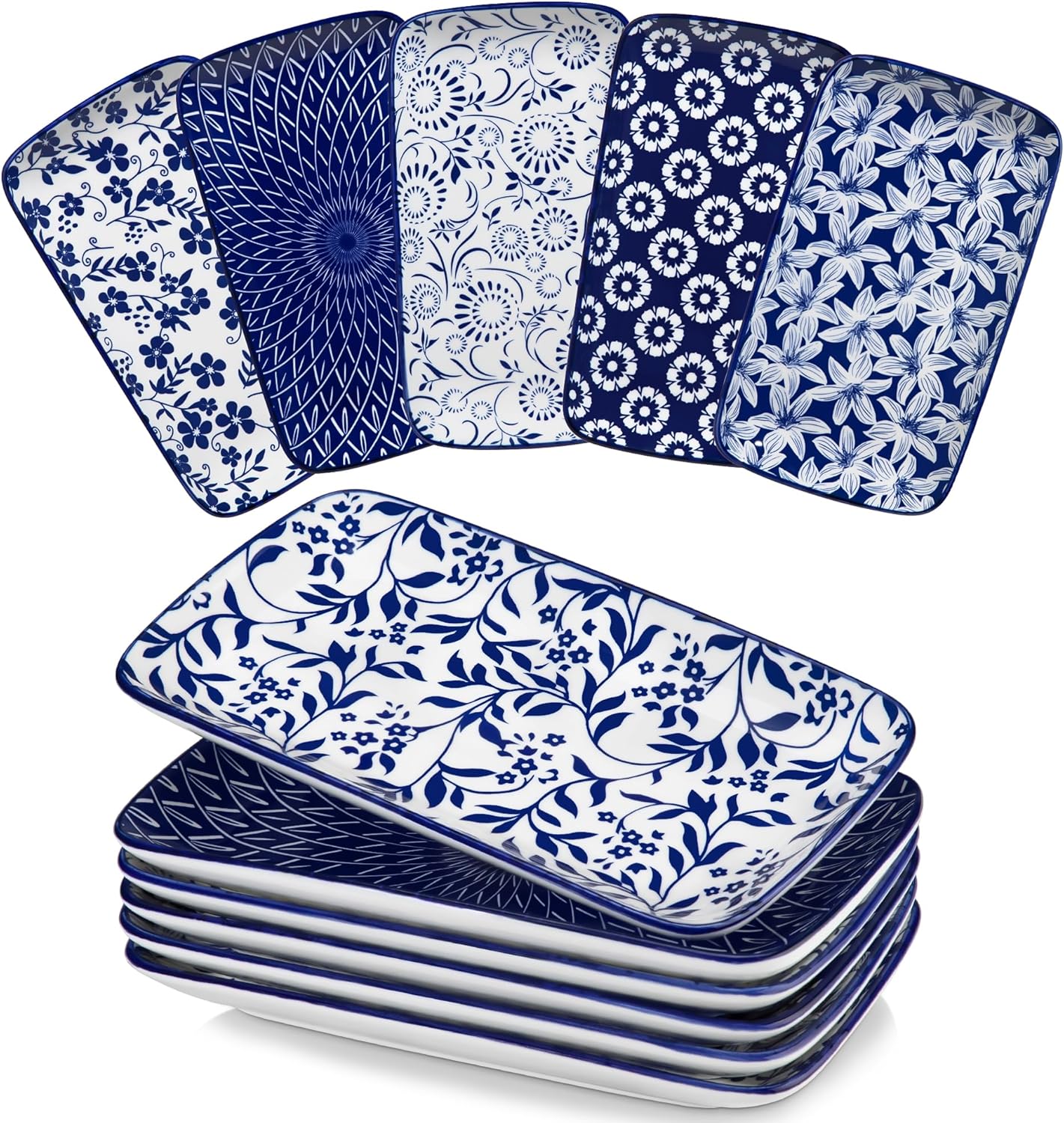 vancasso Selene 9.5 Inch Rectangular Dinner Plates Set of 6, Ceramic Salad Plates for Dessert, Appetizer, Porcelain Serving Platters for Entertaining, Microwave & Oven Safe, Vintage Blue & White Color