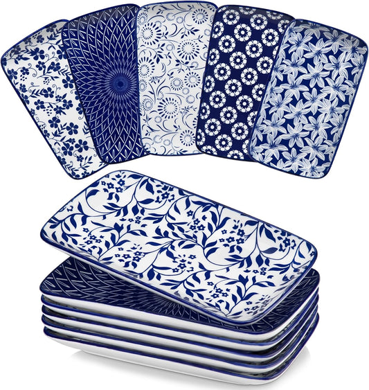 vancasso Selene 9.5 Inch Rectangular Dinner Plates Set of 6, Ceramic Salad Plates for Dessert, Appetizer, Porcelain Serving Platters for Entertaining, Microwave & Oven Safe, Vintage Blue & White Color