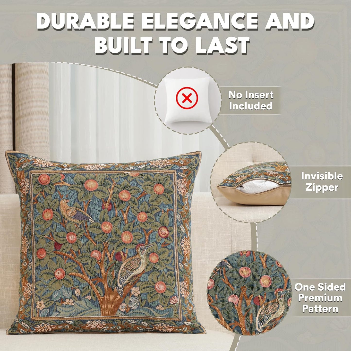 Charlotte Home Furnishings Decorative Tapestry Pillow Cover 19x19 in, Green Woodpecker Couch Pillow Cover, French Country Square Cushion Cases for Living Room Home Decor, Soft Cotton Jacquard Woven