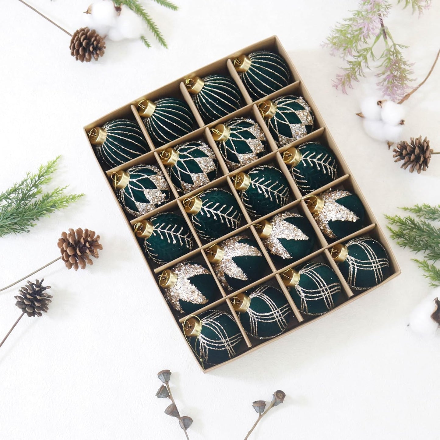 20PCS Velvet Ornaments for Christmas Tree, 2.36INCH Glitter Flocked Christmas Ornaments Decorations Balls Set Decor