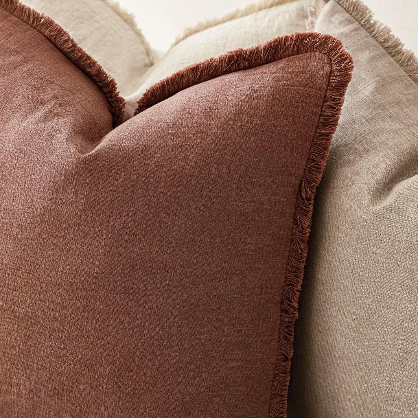 Foindtower Set of 2 Decorative Linen Fringe Throw Pillow Covers Boho Farmhouse Cushion Cover with Tassels Accent Pillowcase for Couch Chair Sofa Bed Living Room Home Decor,22×22 Inch,Rust Red